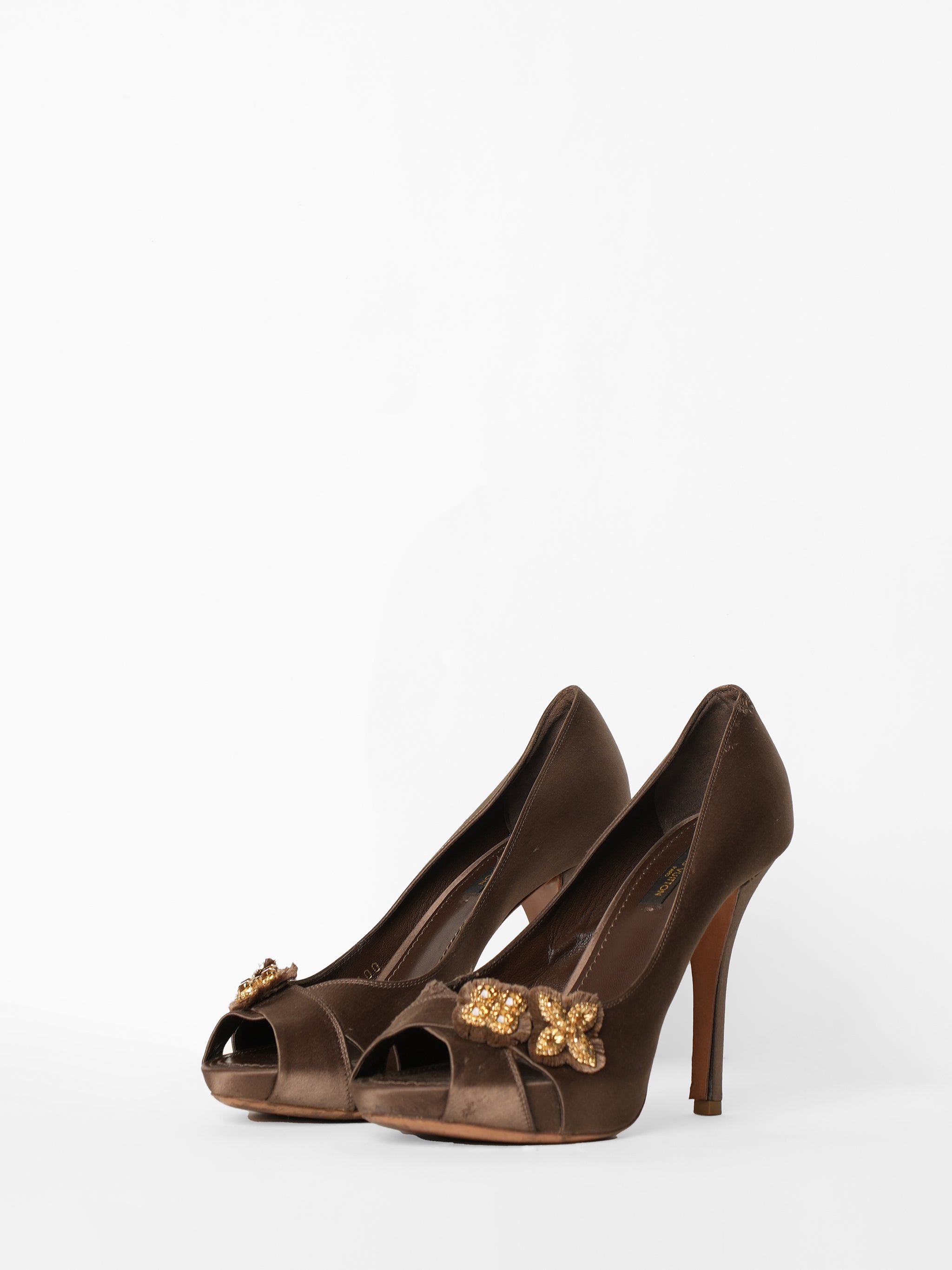 Louis Vuitton Black and Brown Satin and Leather Peep Toe Pumps
