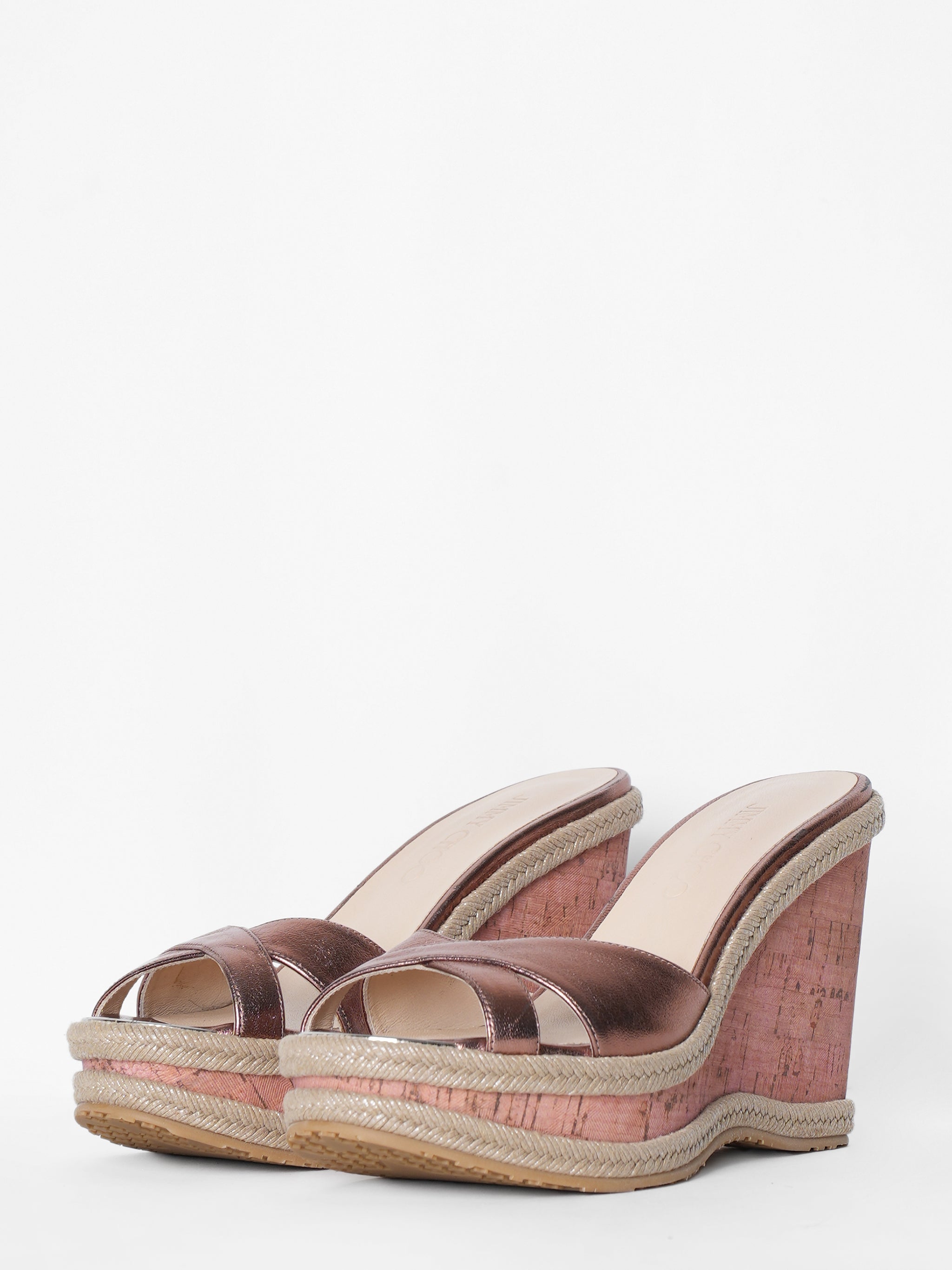 Jimmy Choo Metallic Bronze Leather Prima Cork Wedge Slides Sandals