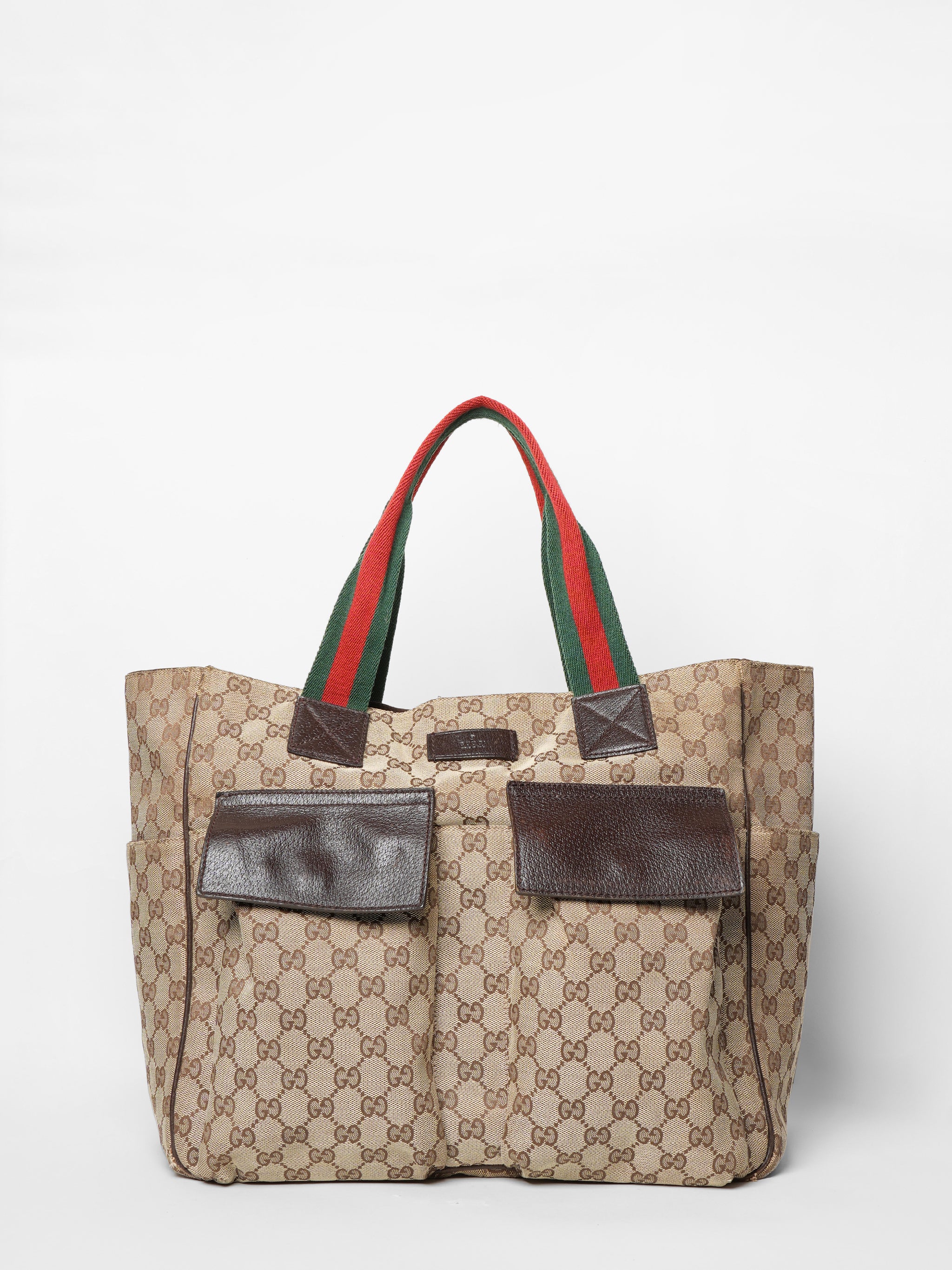 Gucci Beige GG Canvas Double Pocket Web Handle Tote