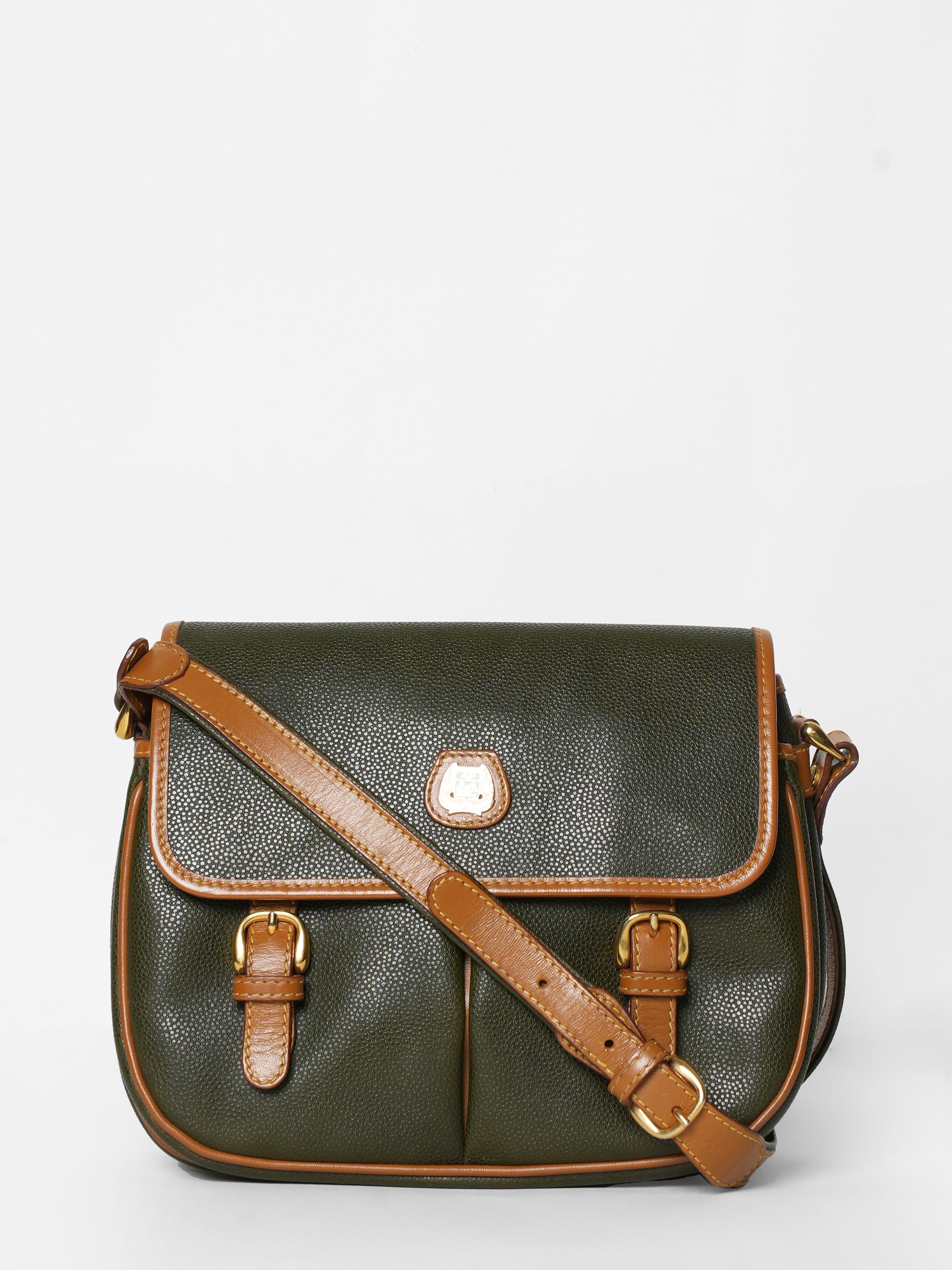 Vintage Lancel Paris Green Tan Crossbody Bag