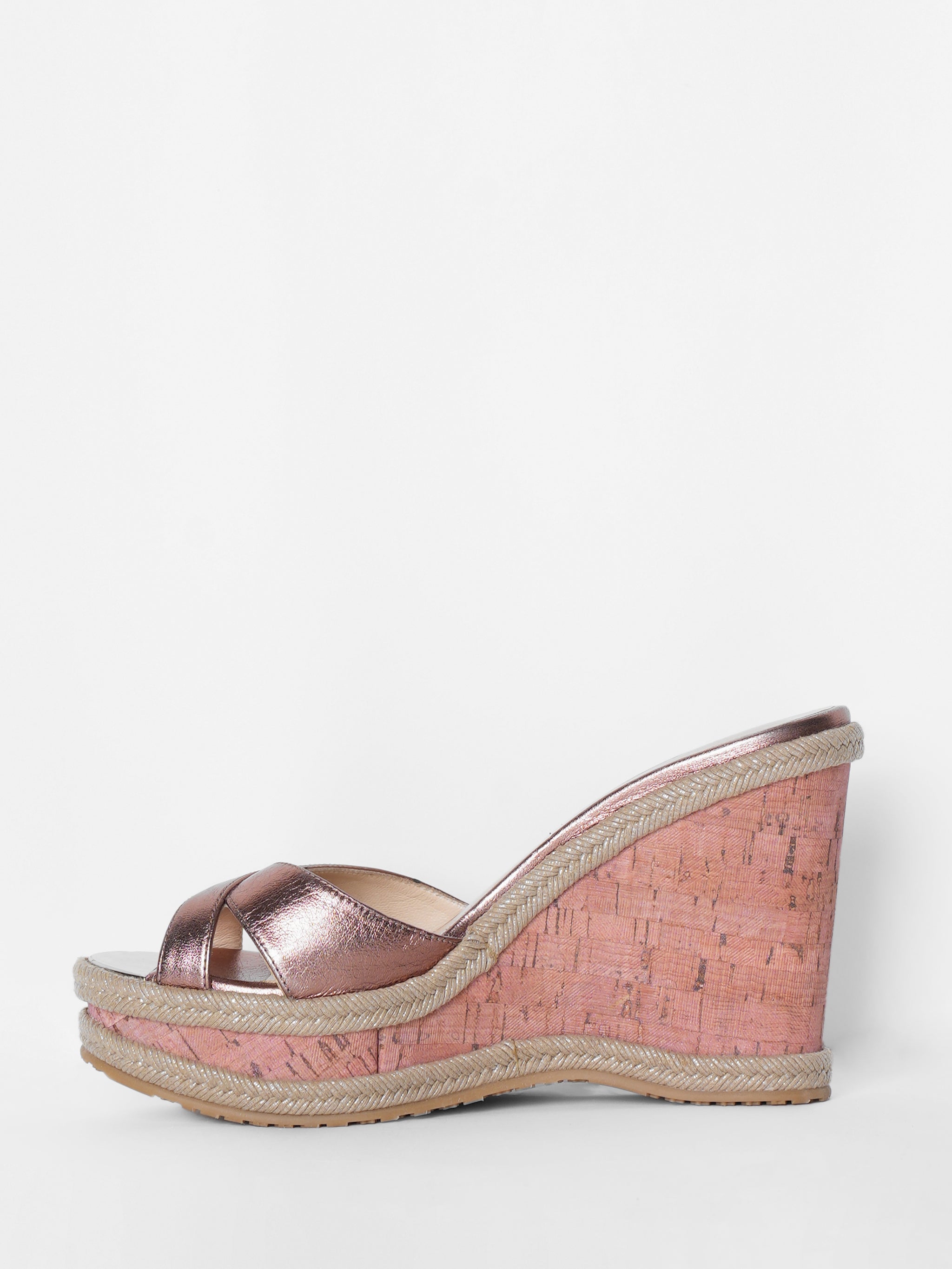 Jimmy Choo Metallic Bronze Leather Prima Cork Wedge Slides Sandals