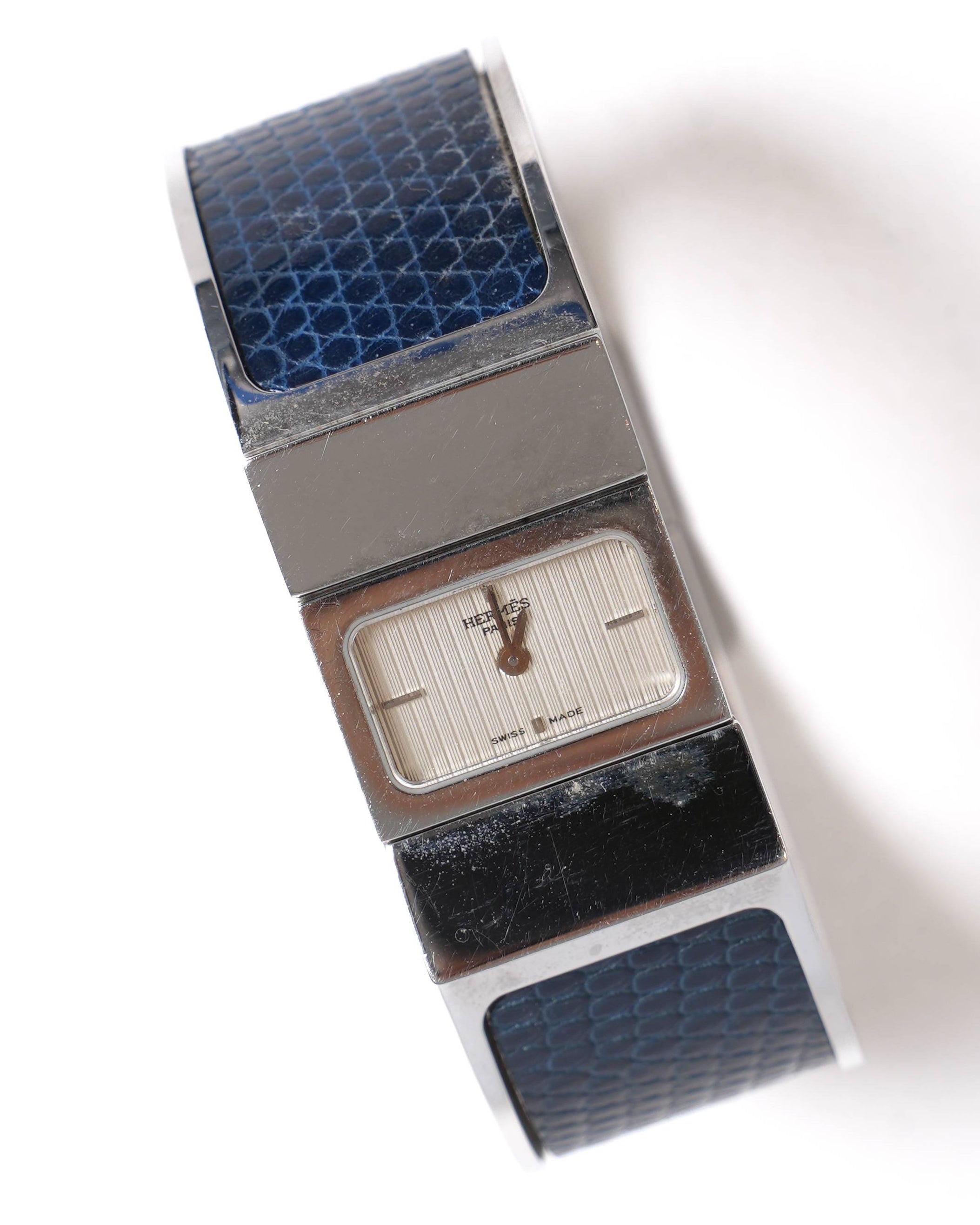 Hermès loquet bangle watch with blue alligator skin strap