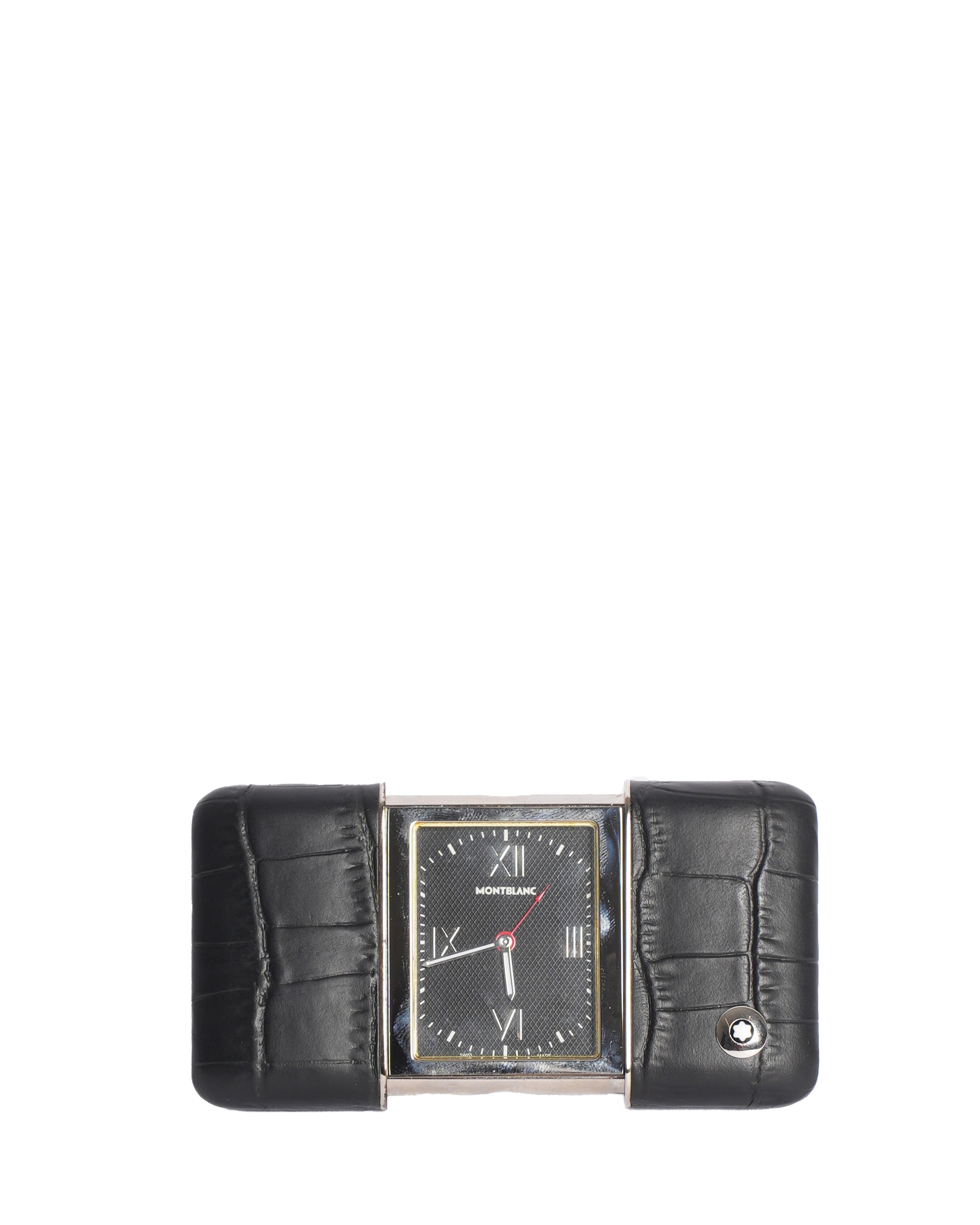 MONTBLANC TRAVEL SLIDING BLACK DIAL LEATHER CASE ALARM POCKET watch