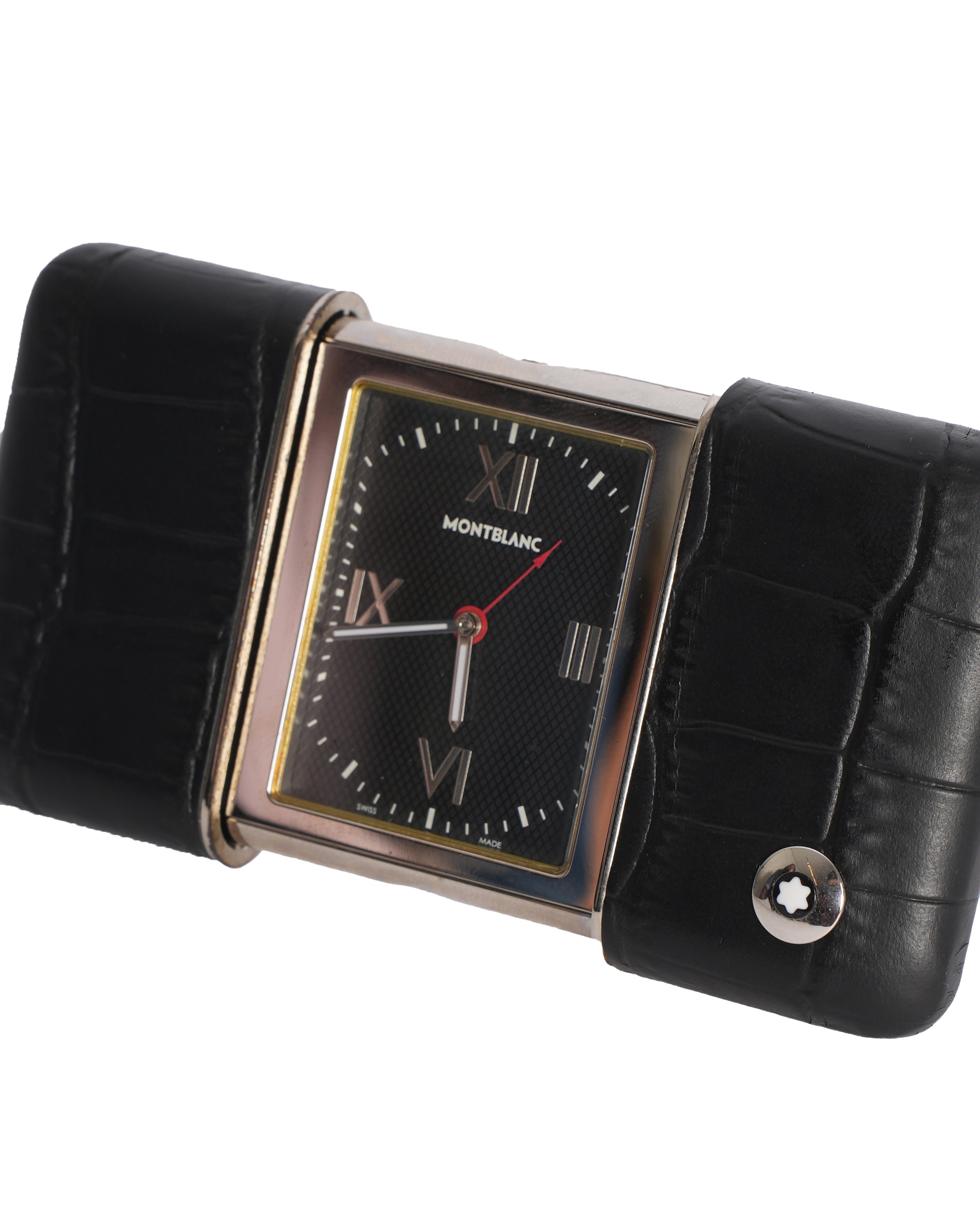 MONTBLANC TRAVEL SLIDING BLACK DIAL LEATHER CASE ALARM POCKET watch