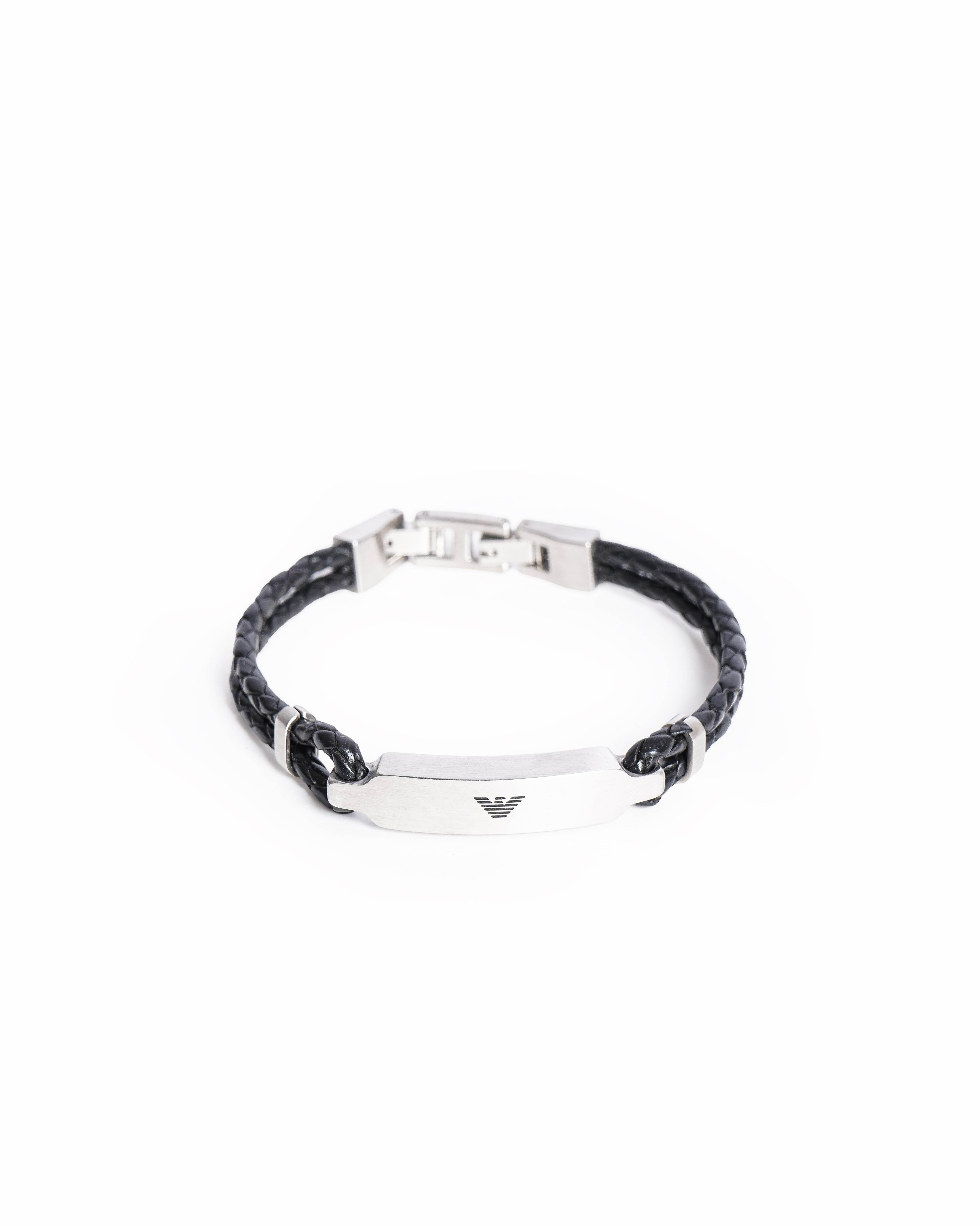 Emporio Armani Men's Black Braided Leather & Steel ID Bracelet