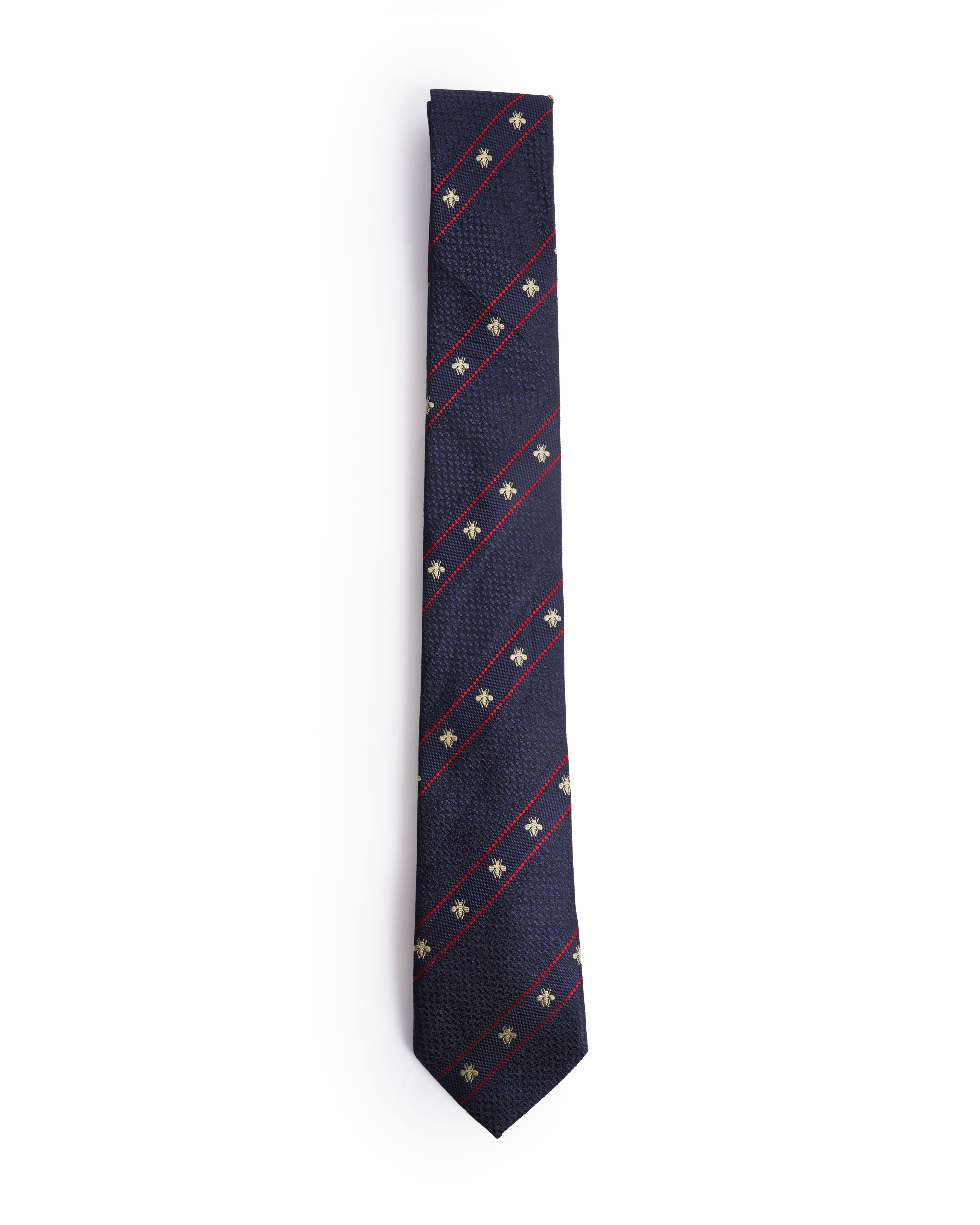 Gucci Navy Blue Silk Tie with Gold Embroidered Bees