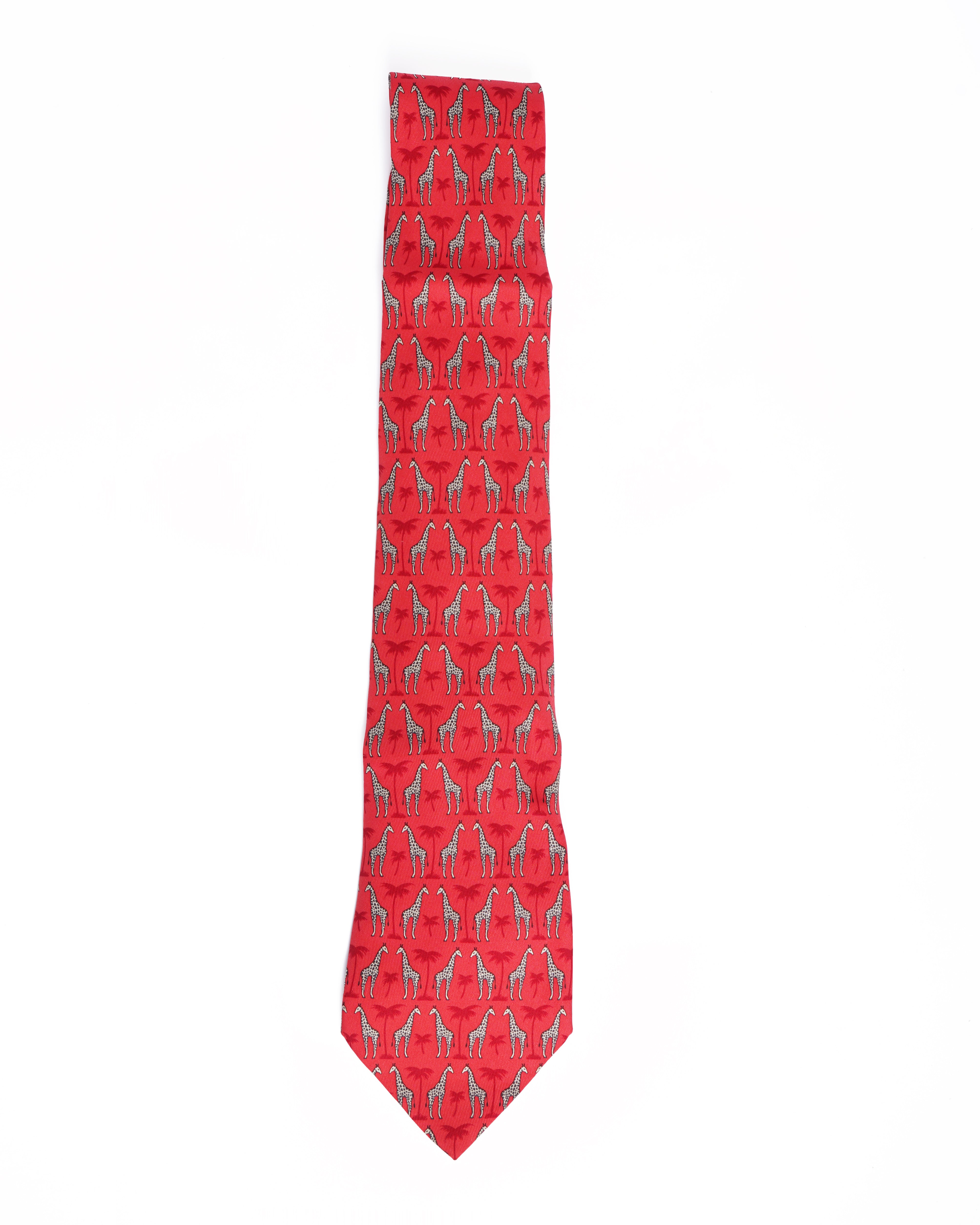Hermes red silk giraffe tie