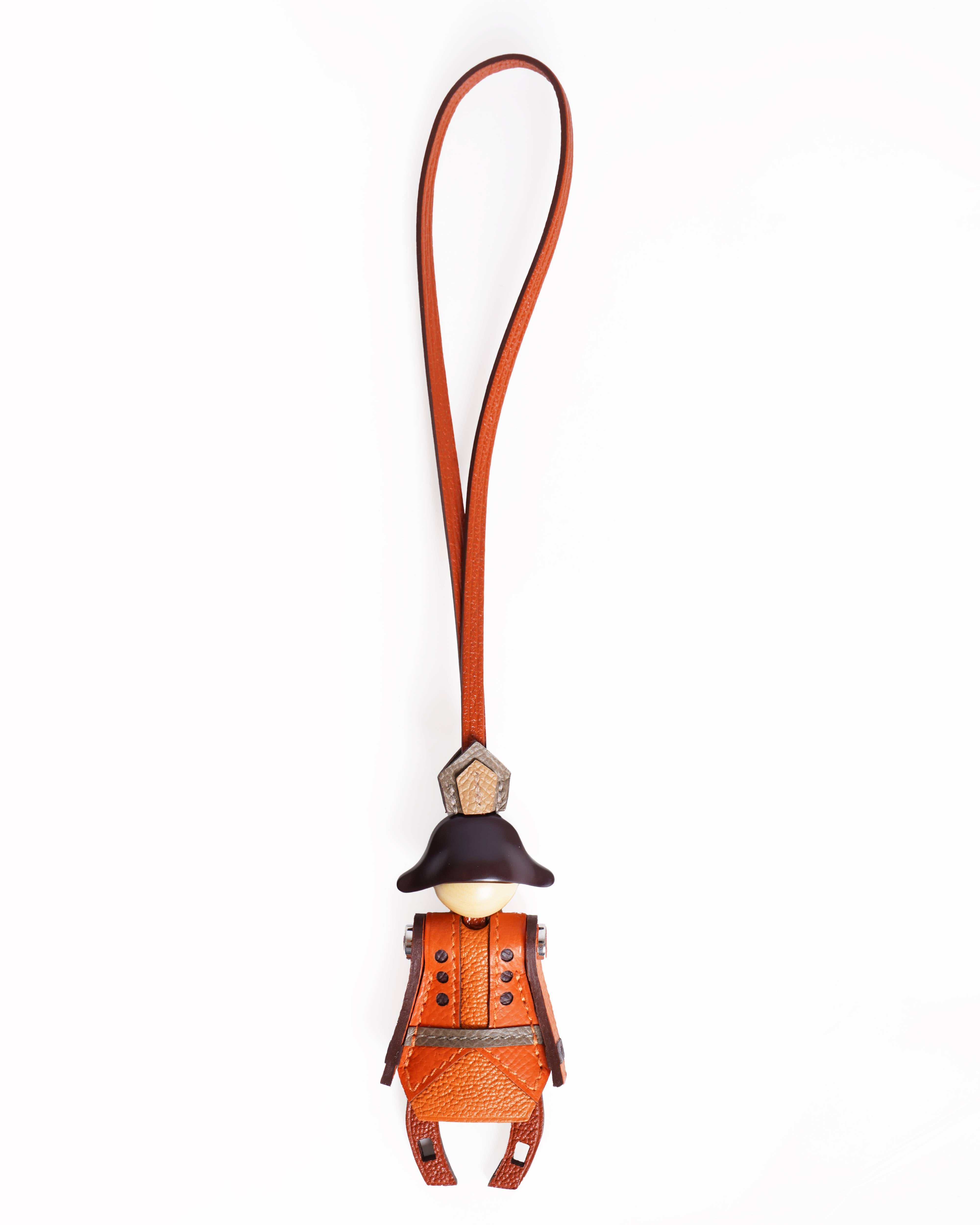 New Hermes Epson Chevre Mysore Artificer Bag Charm In Cuivre / Feu / Orange / Étoupe / Biscuit / Rouge sellier
