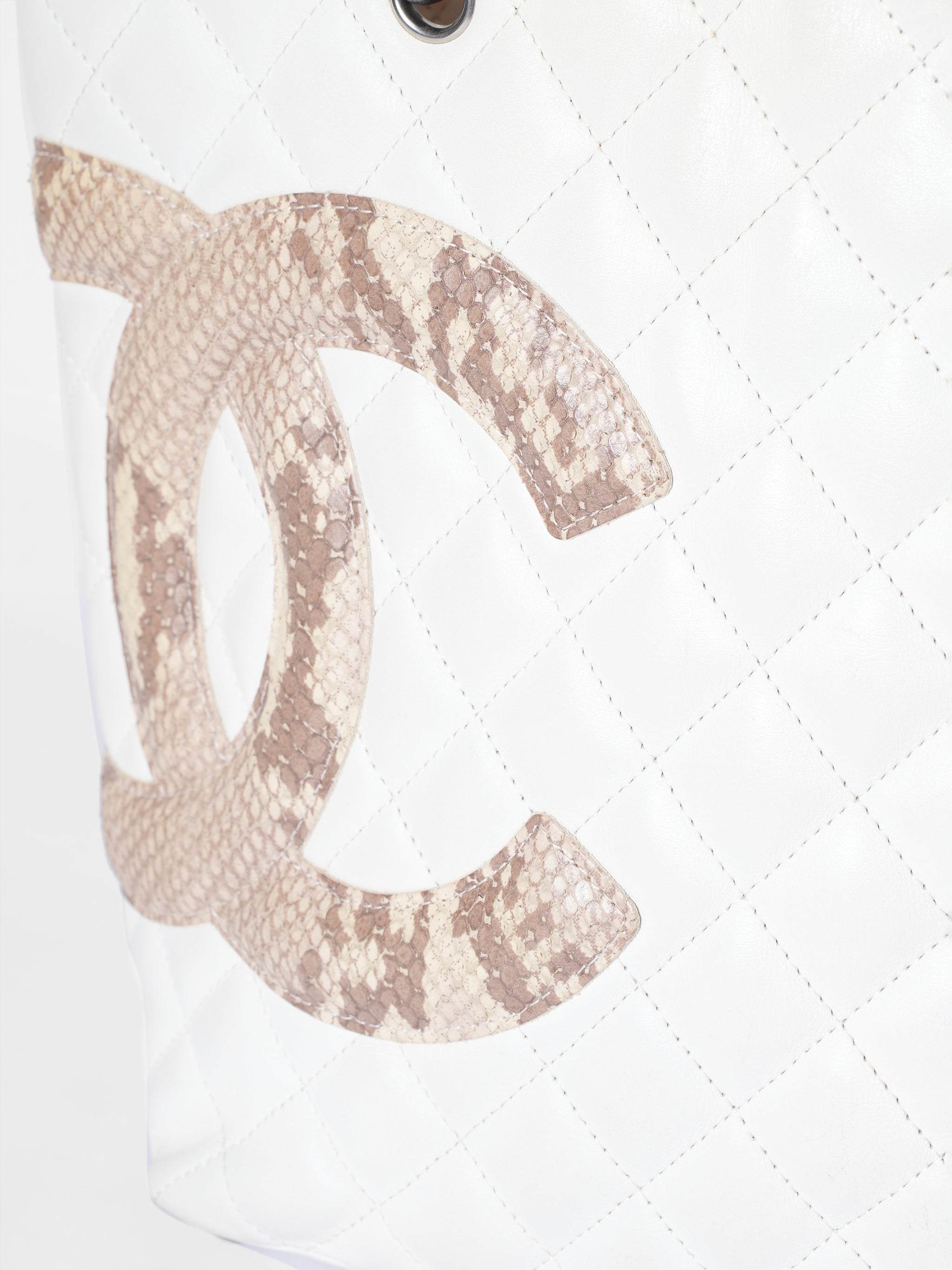 Chanel White Quilted Leather & Python Ligne Cambon Tote