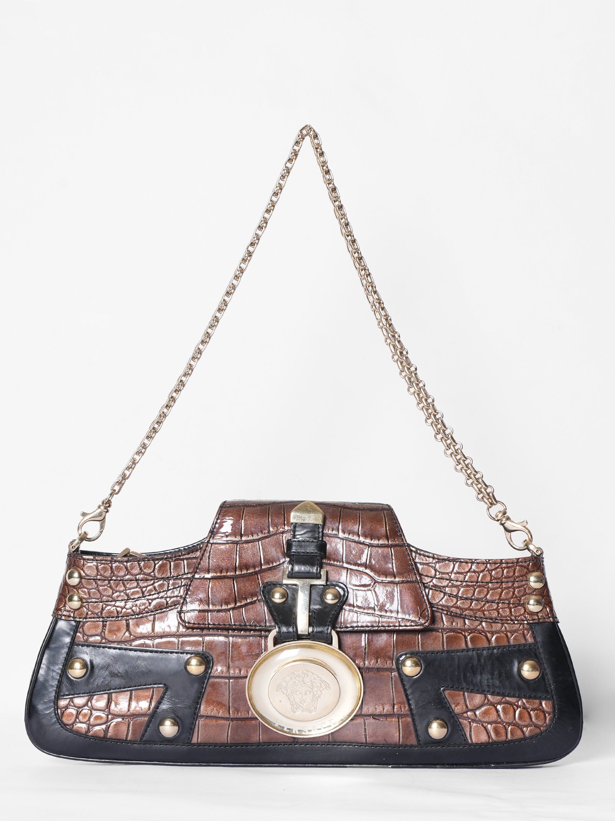 Gianni Versace Crocodile Embossed Patent Leather  Shoulder Bag