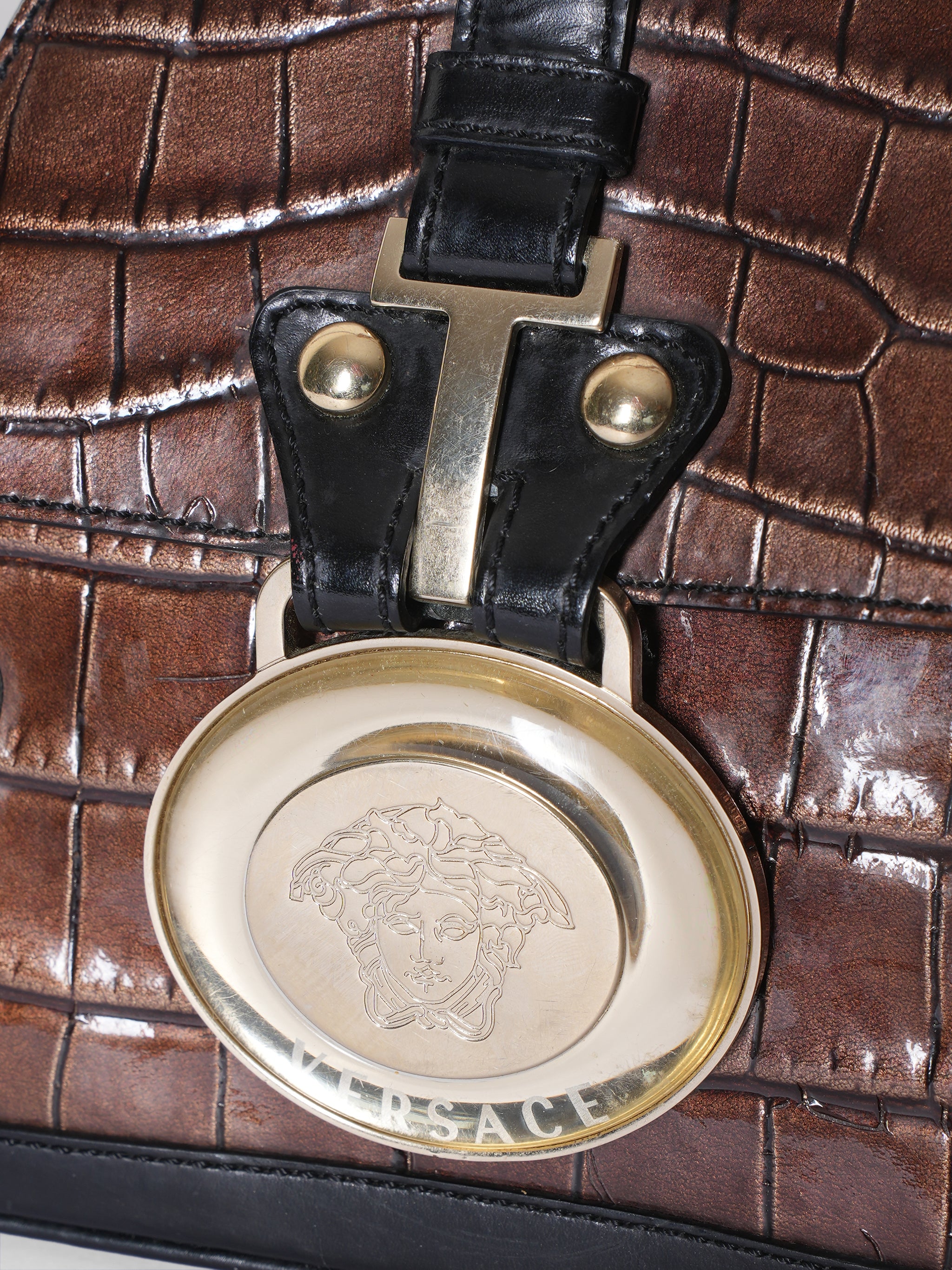 Gianni Versace Crocodile Embossed Patent Leather  Shoulder Bag