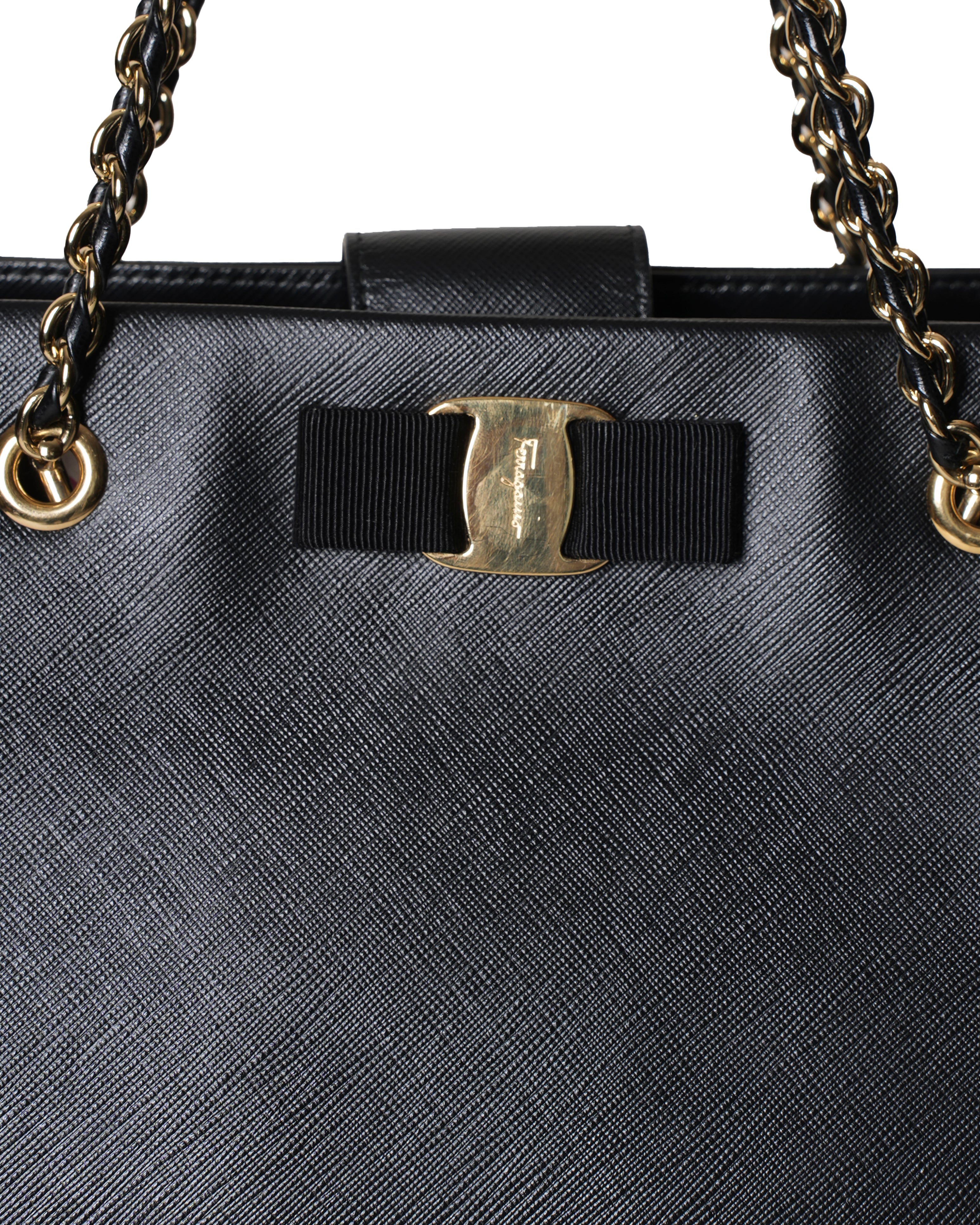 Salvatore Ferragamo Leather Vara Bow Chain Black Tote Bag