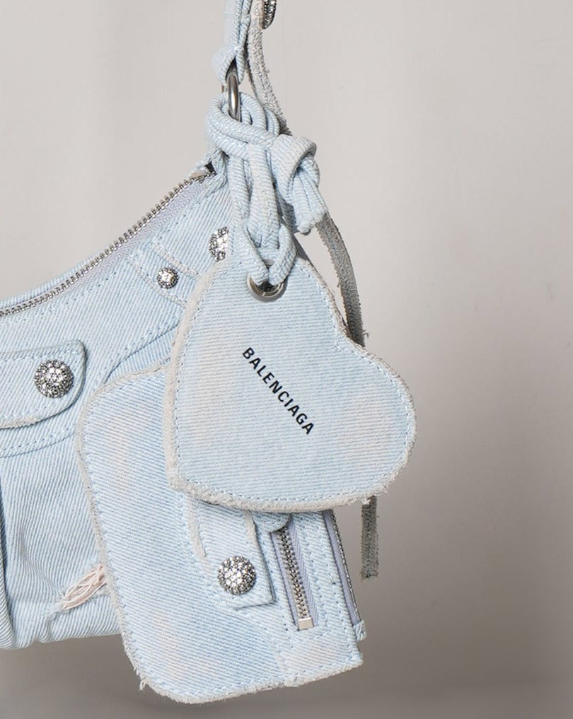 Balenciaga Women's Le Cagole Small Shoulder Bag Denim With Rhinestones in Blue