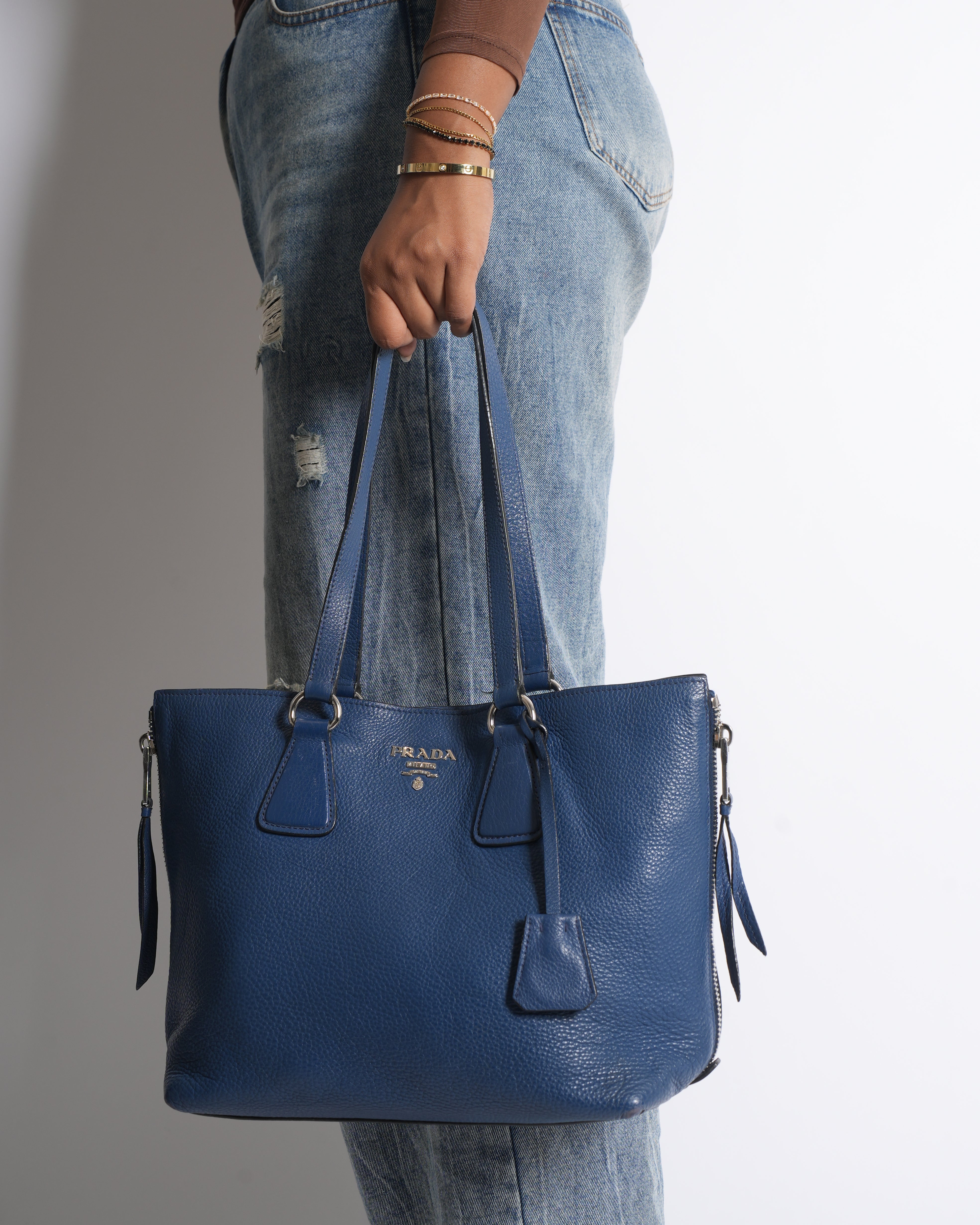 Prada Zip Around Shopper Tote Vitello In Blue