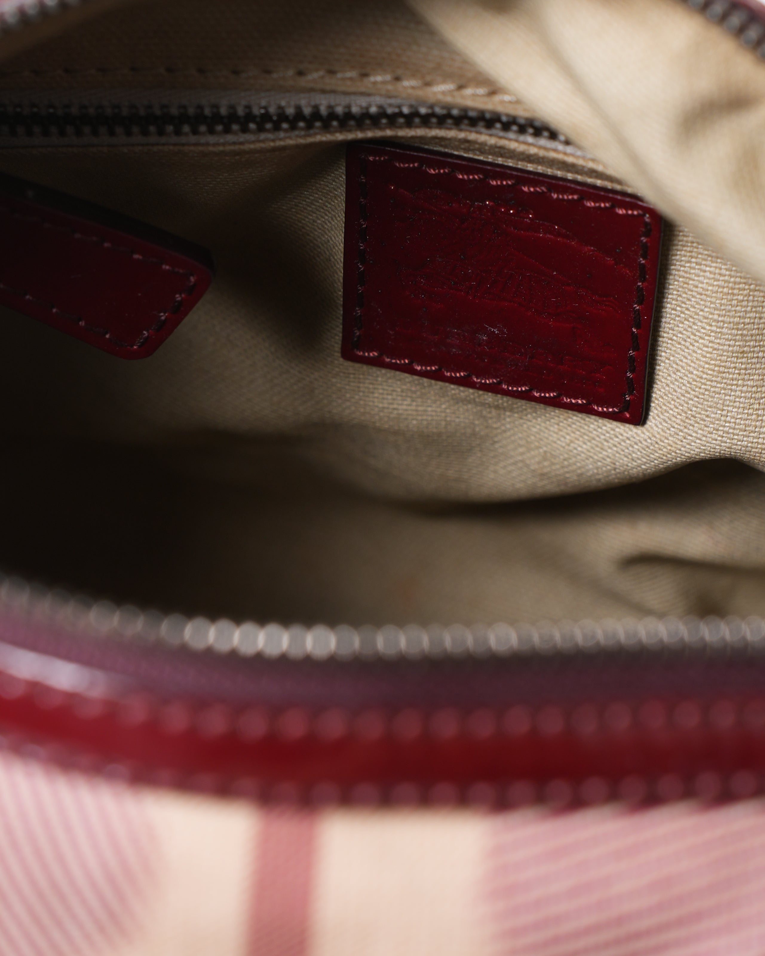 Burberry Burgundy House Check PVC & Patent Leather Hearts Boston Handbag