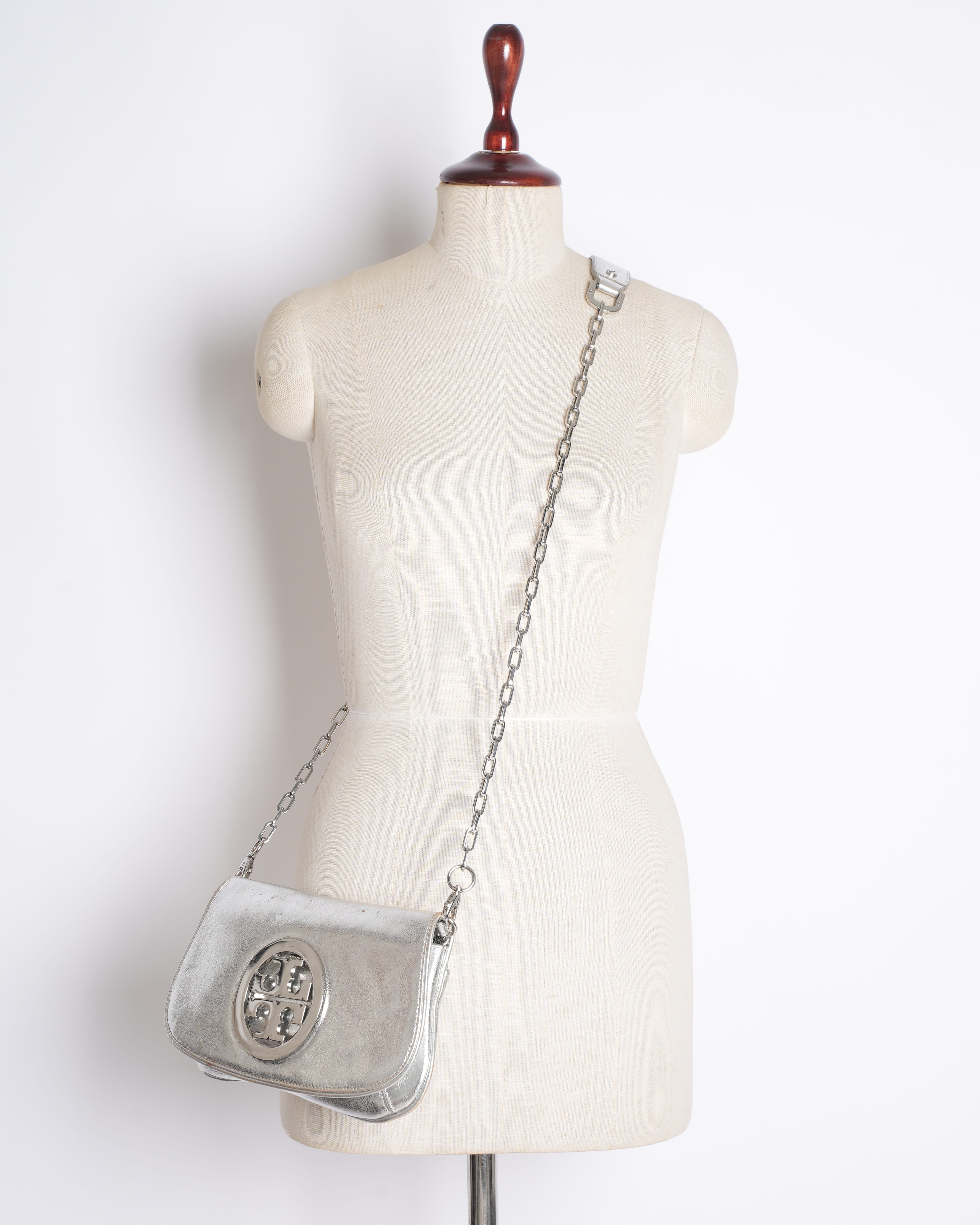 Tory burch silver metallic crossbody bag