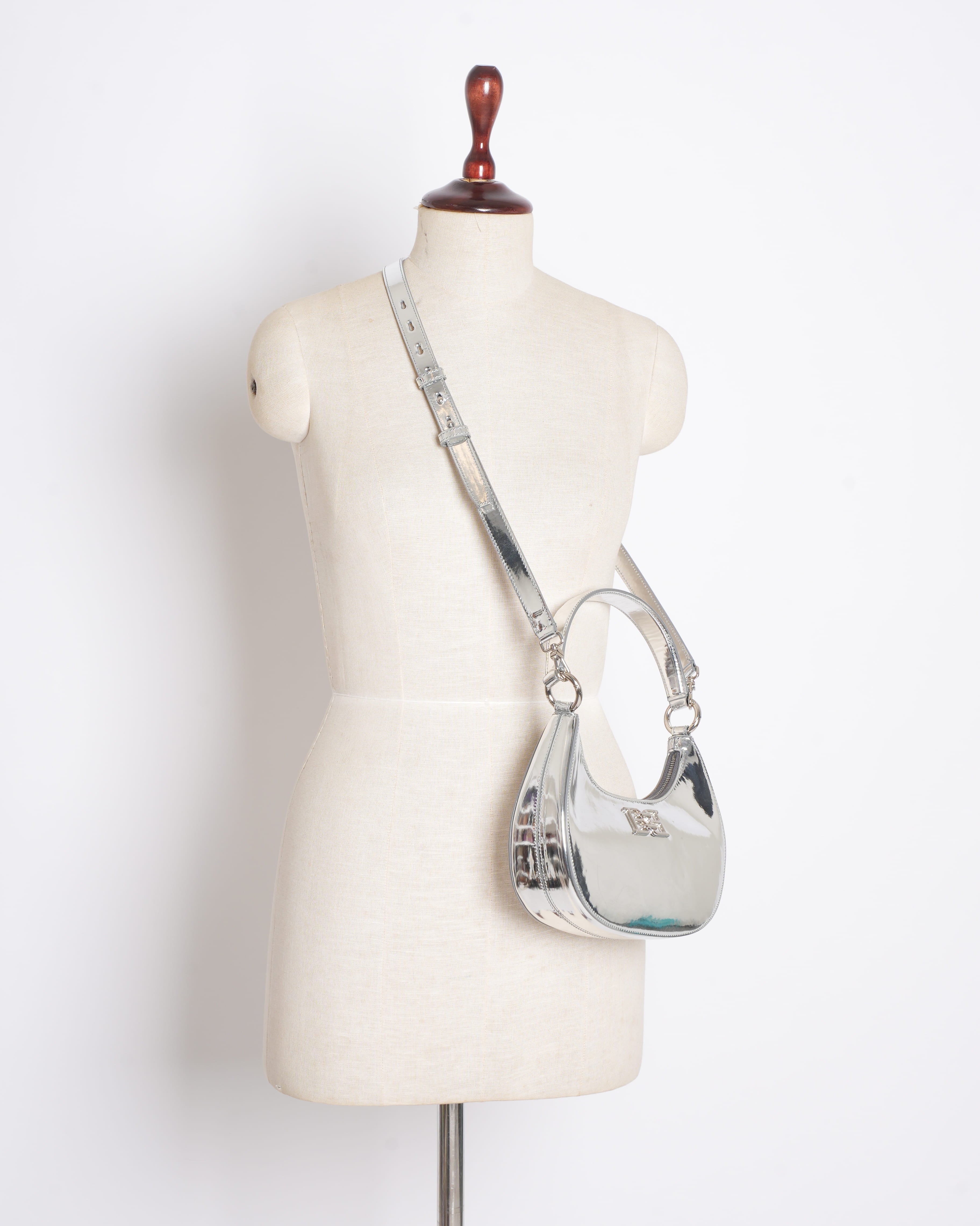 New Bally silver chrome patent hobo shoulder bag