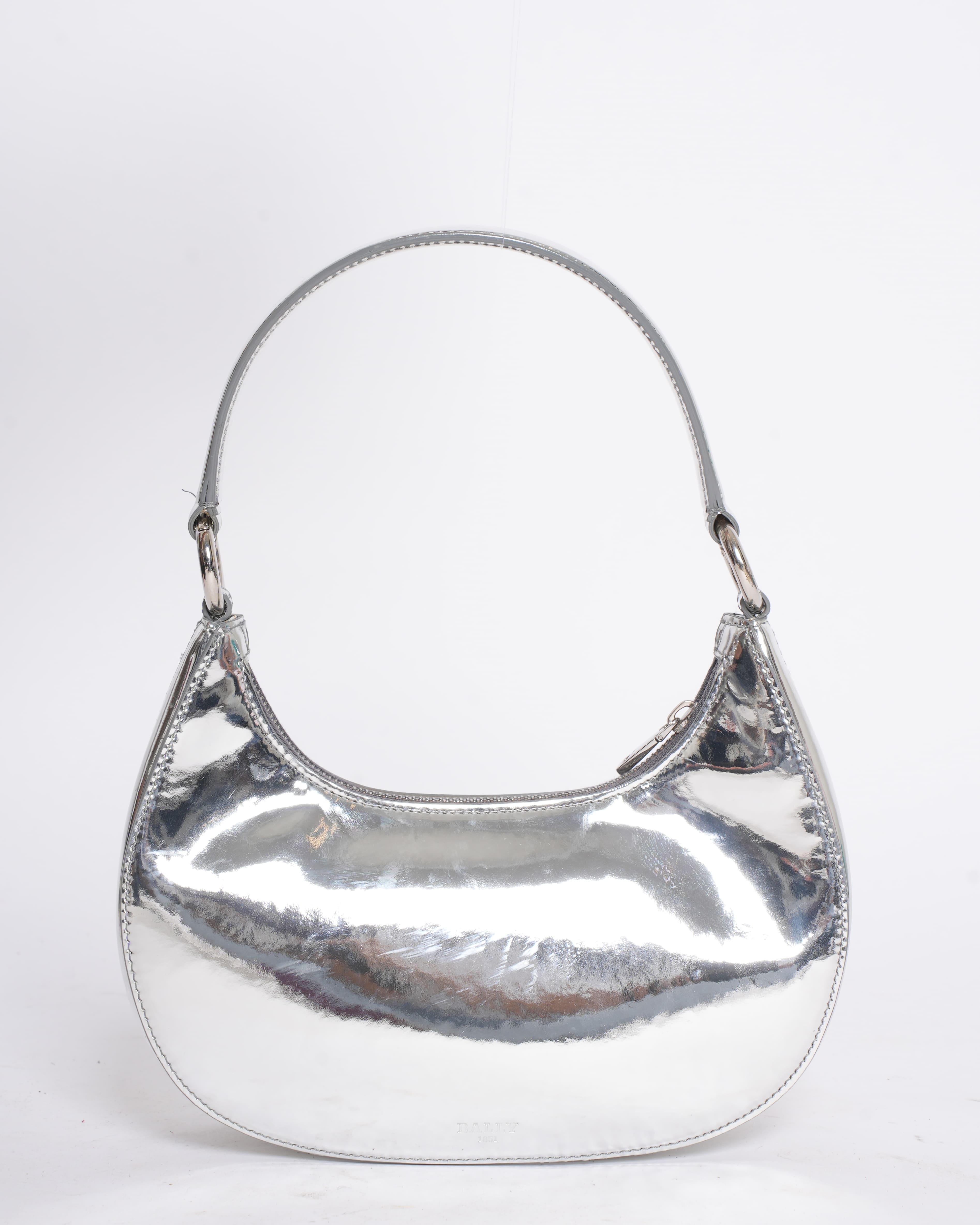 New Bally silver chrome patent hobo shoulder bag