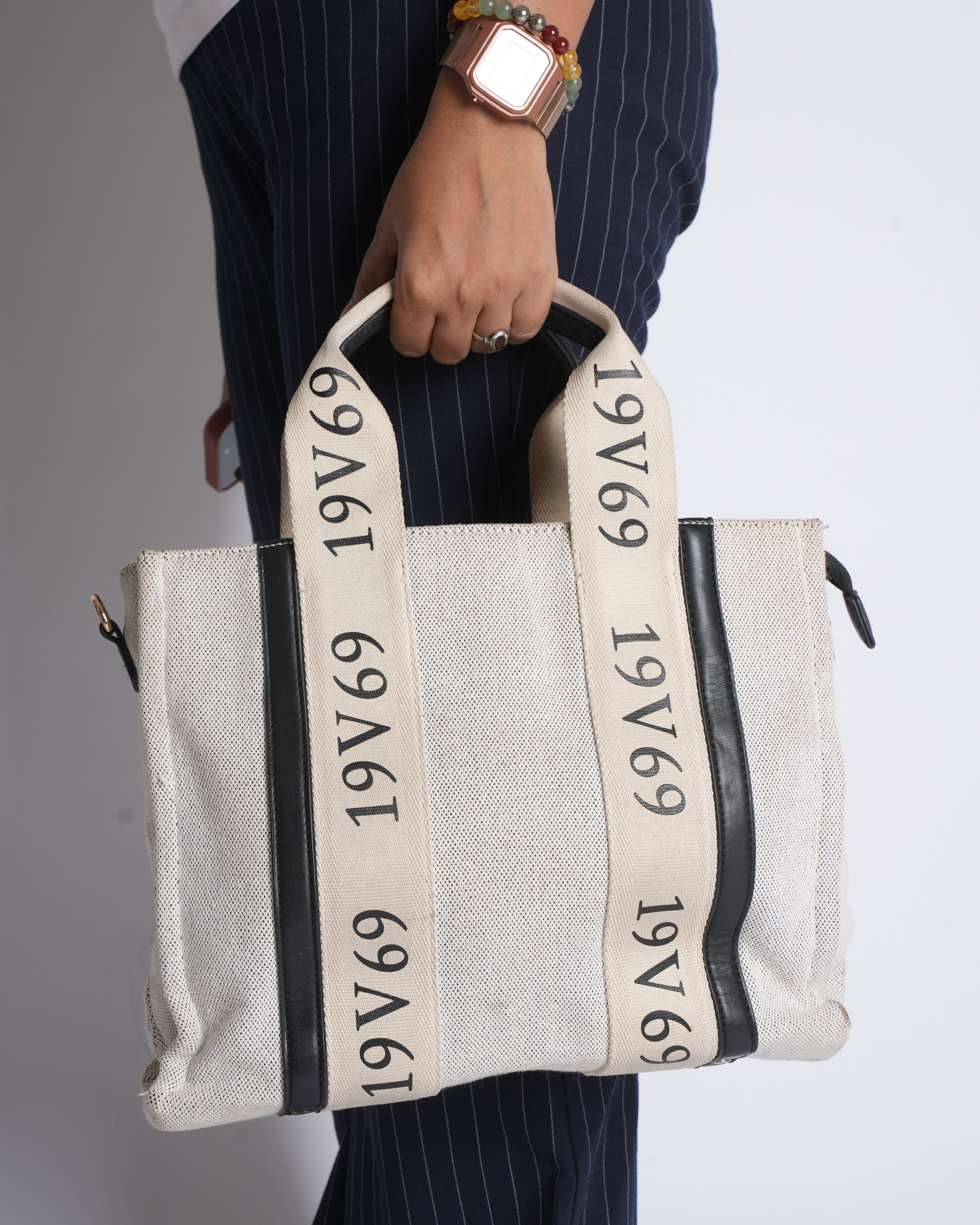 Versace Small Canvas Tote In Beige