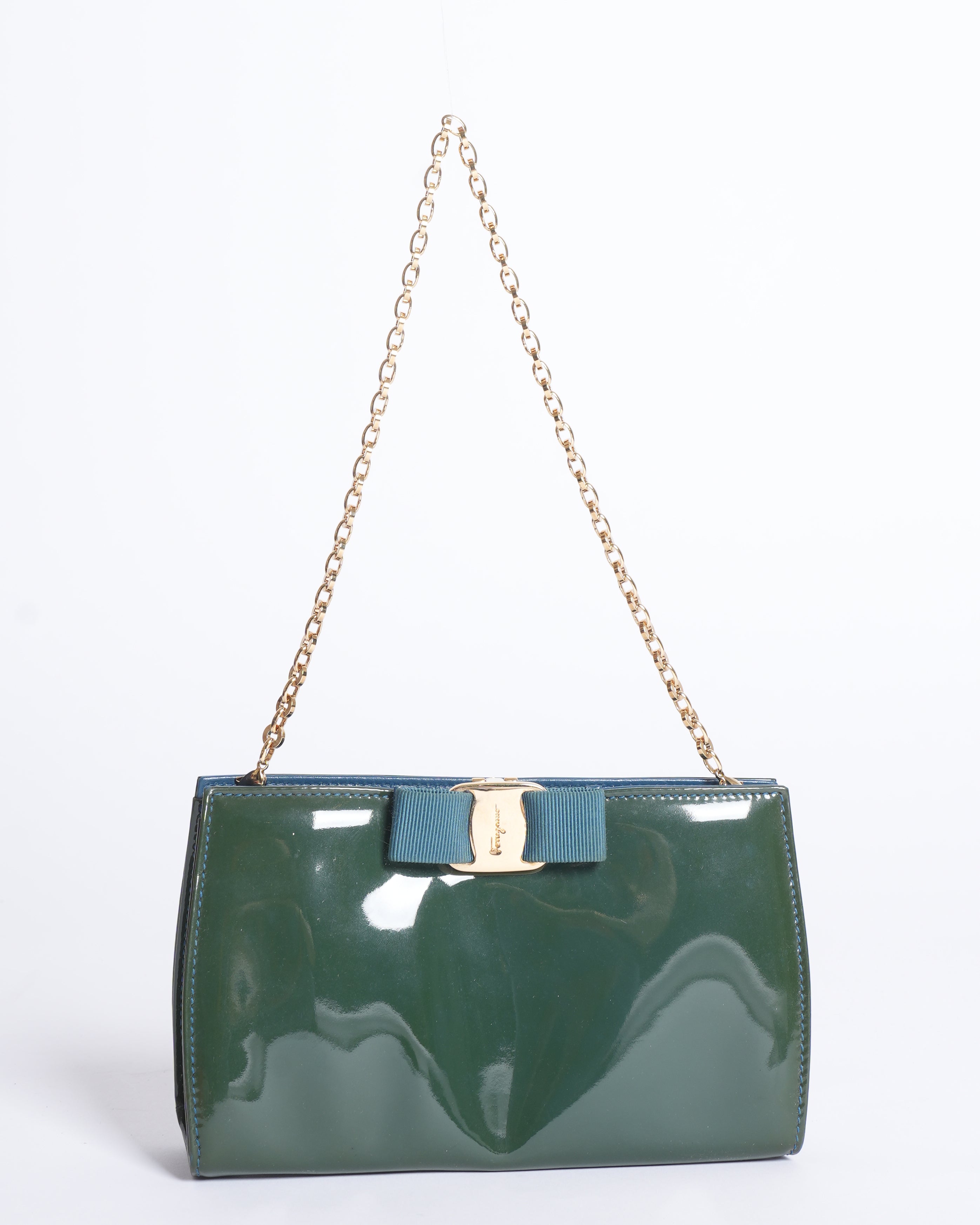 Salvatore Ferragamo Green Patent Leather Vara Bow Crossbody Bag