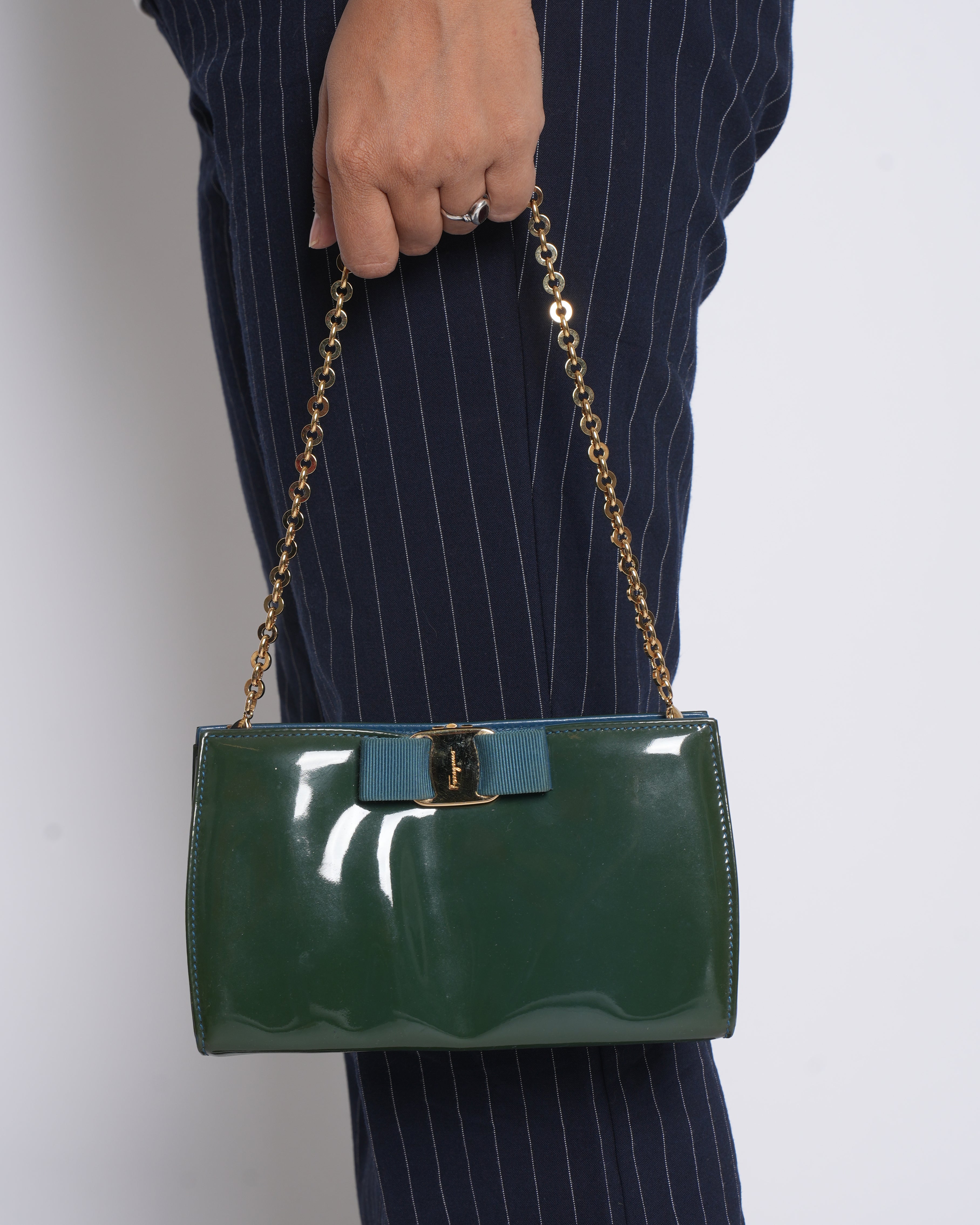 Salvatore Ferragamo Green Patent Leather Vara Bow Crossbody Bag