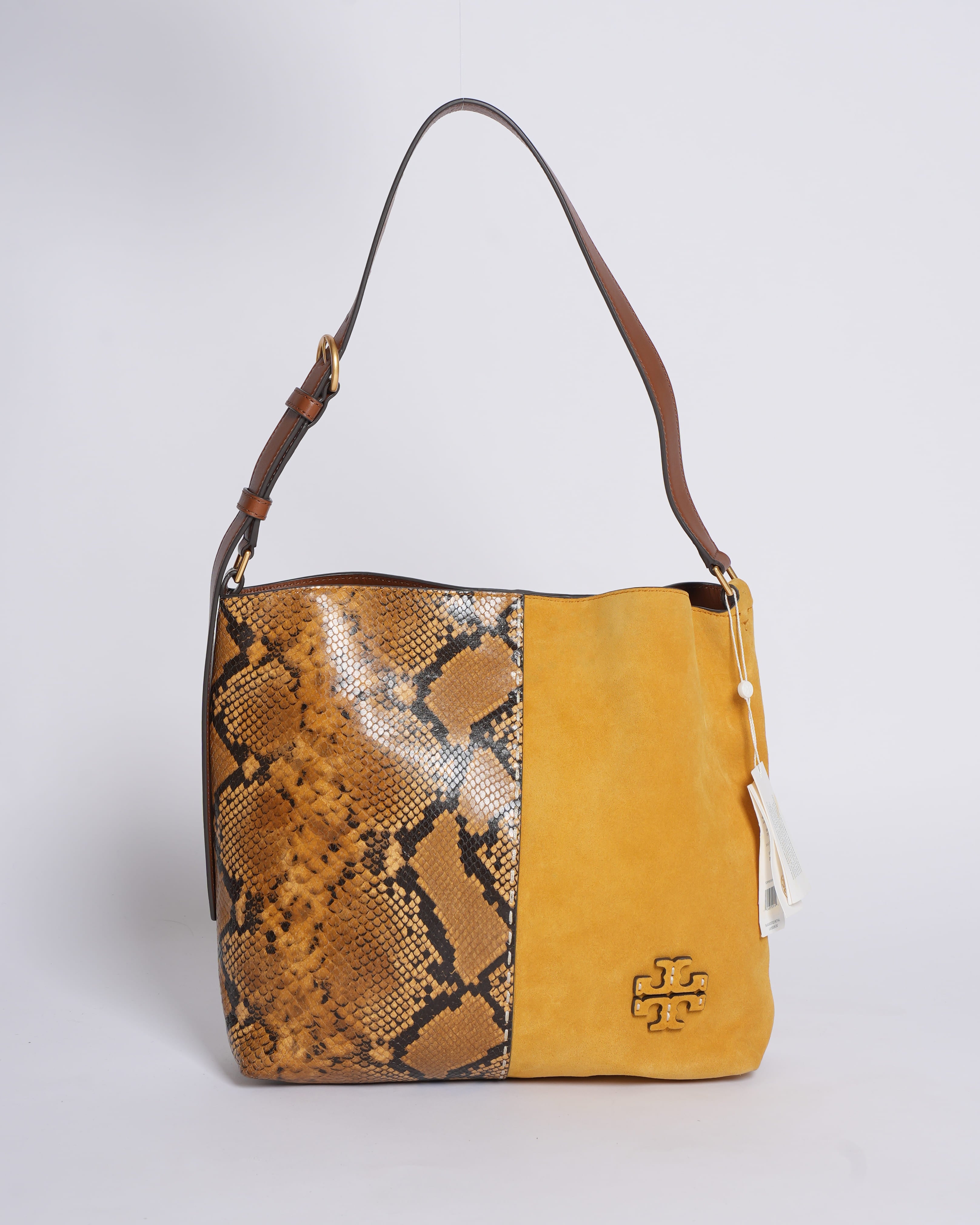 New Tory Burch McGraw Snake-Embossed Leather & Suede Hobo Bag