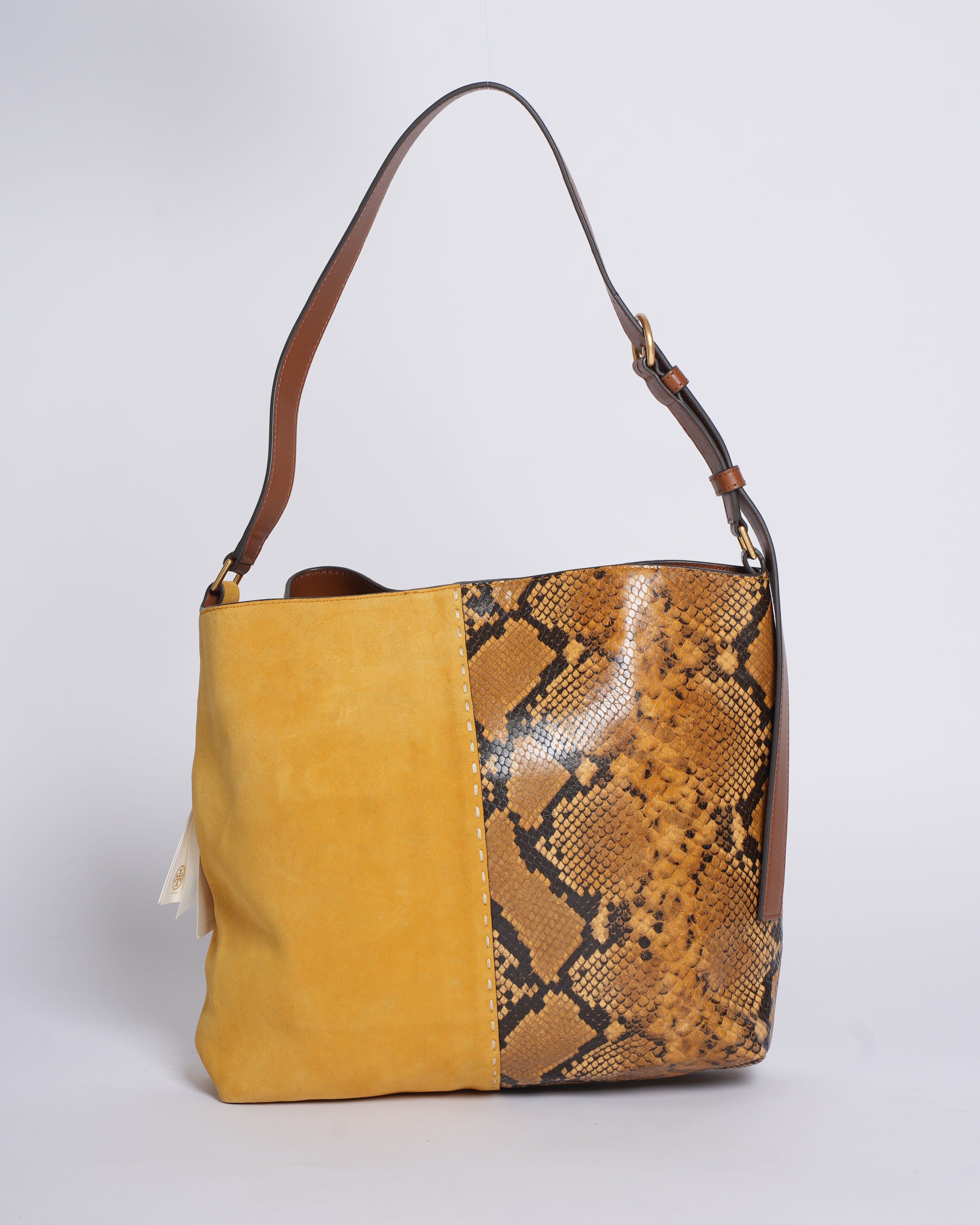 New Tory Burch McGraw Snake-Embossed Leather & Suede Hobo Bag