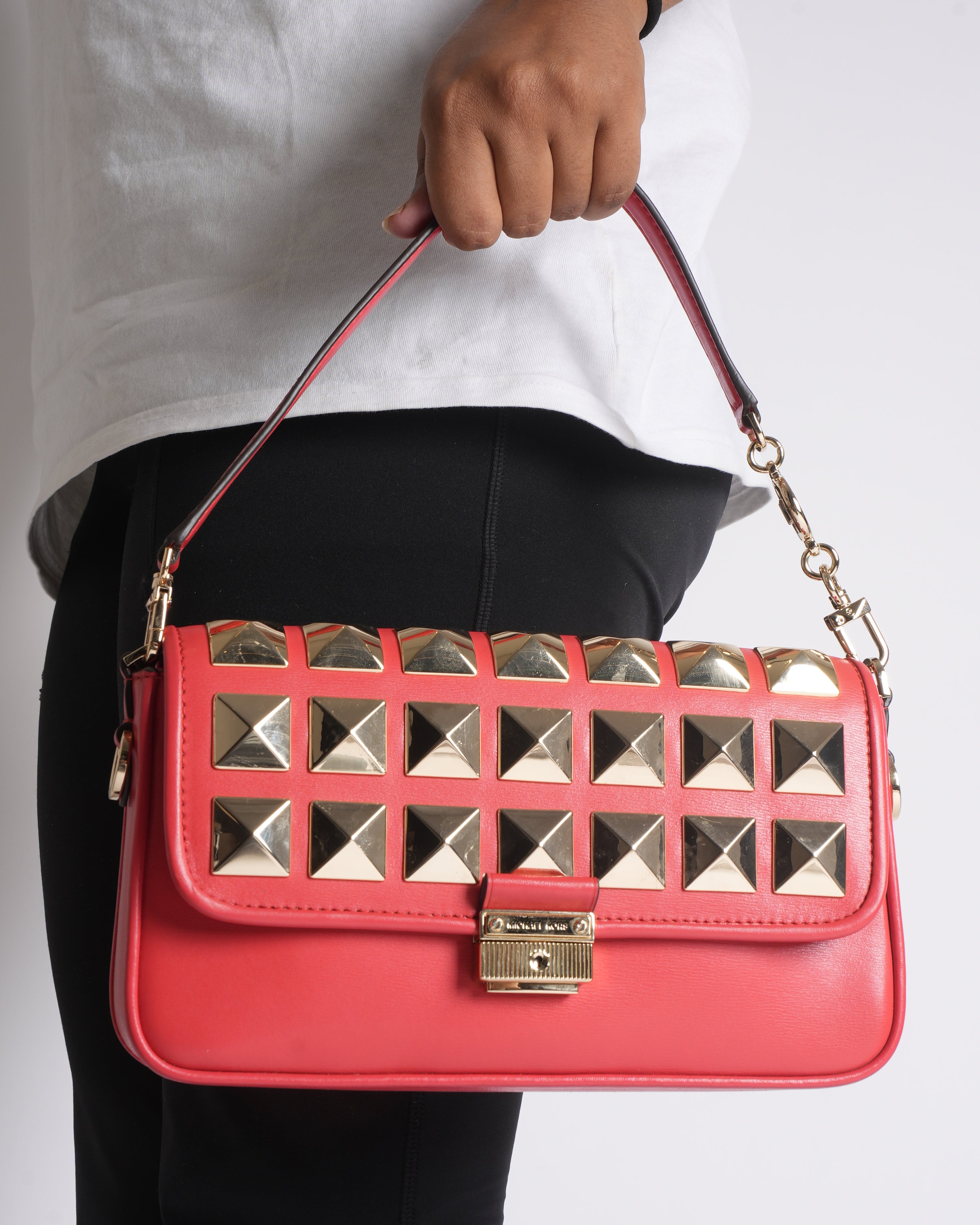 Michael Kors Studded Leather Bradshaw Shoulder Bag in Red