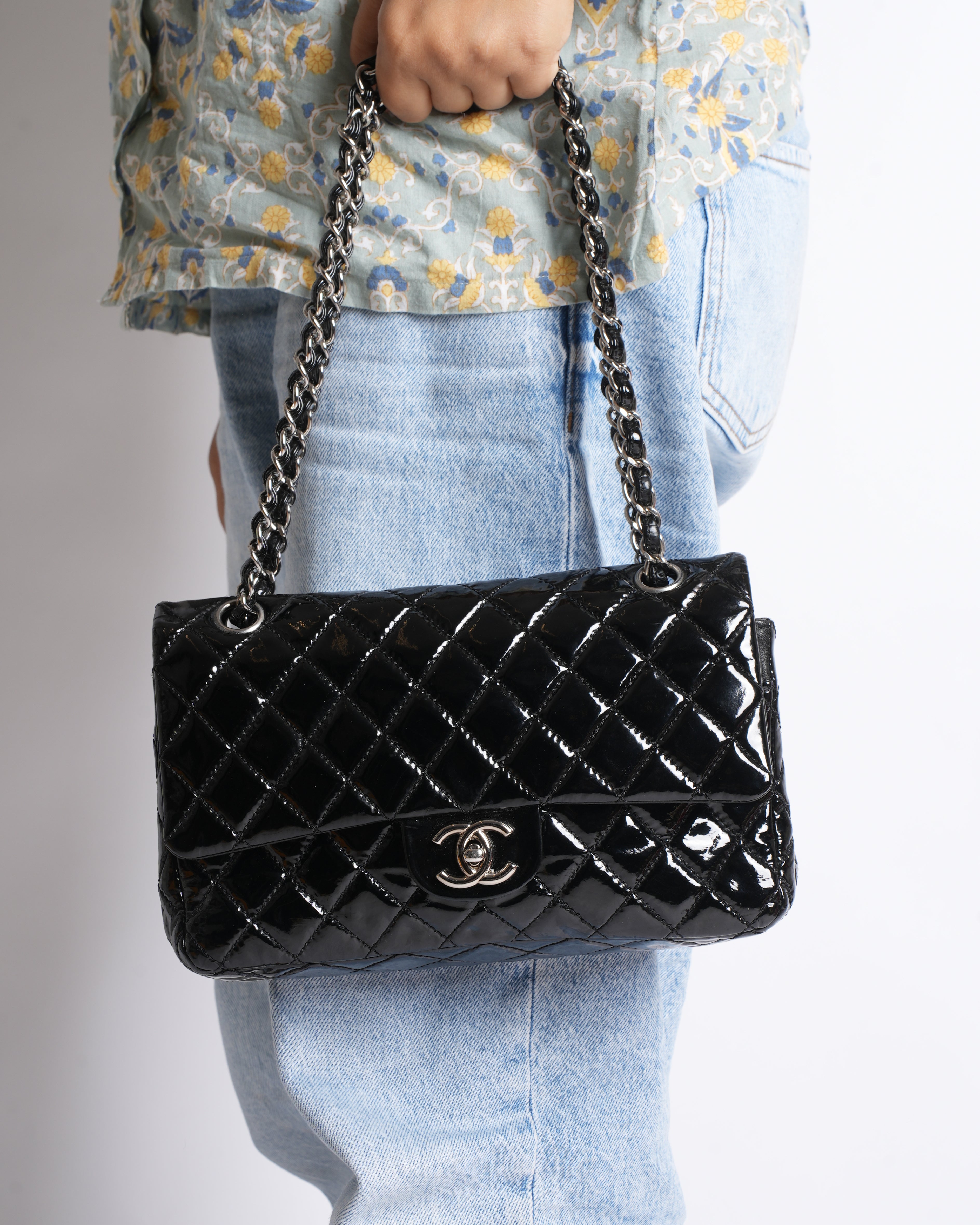 Chanel black medium classic flap bag in patent leather