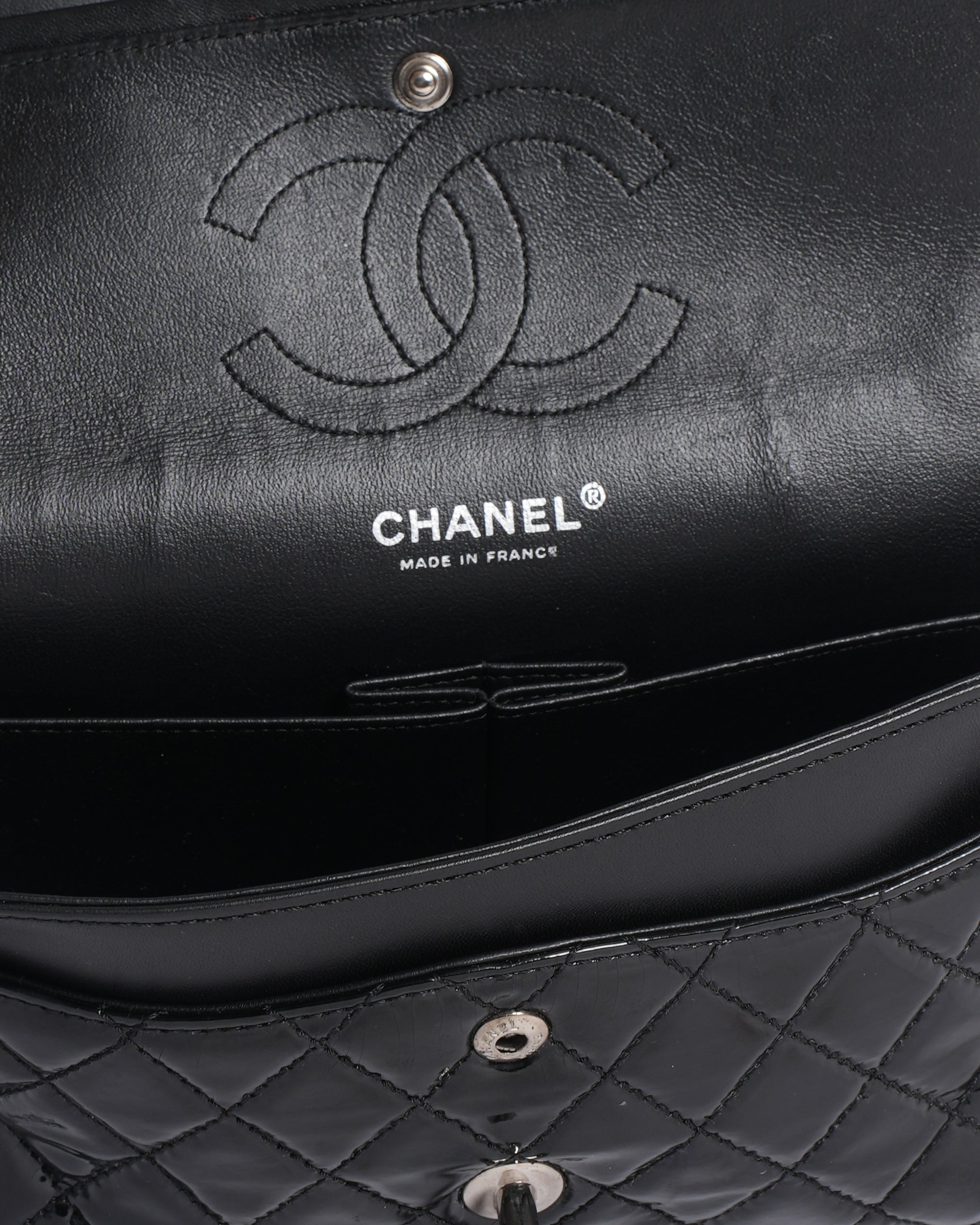 Chanel black medium classic flap bag in patent leather