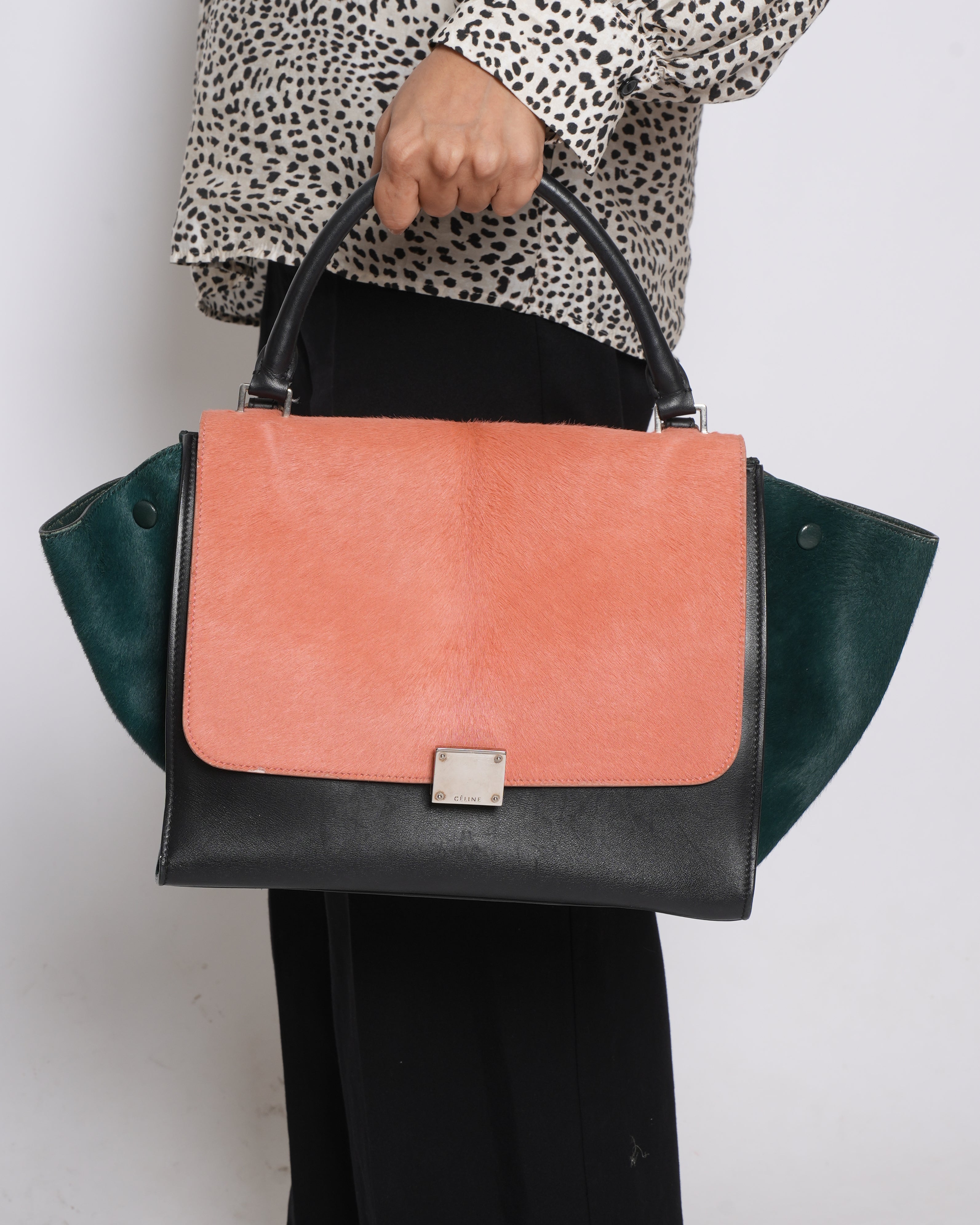 Celine Tri Color Leather & Pony Hair Trapeze Top Handle Bag