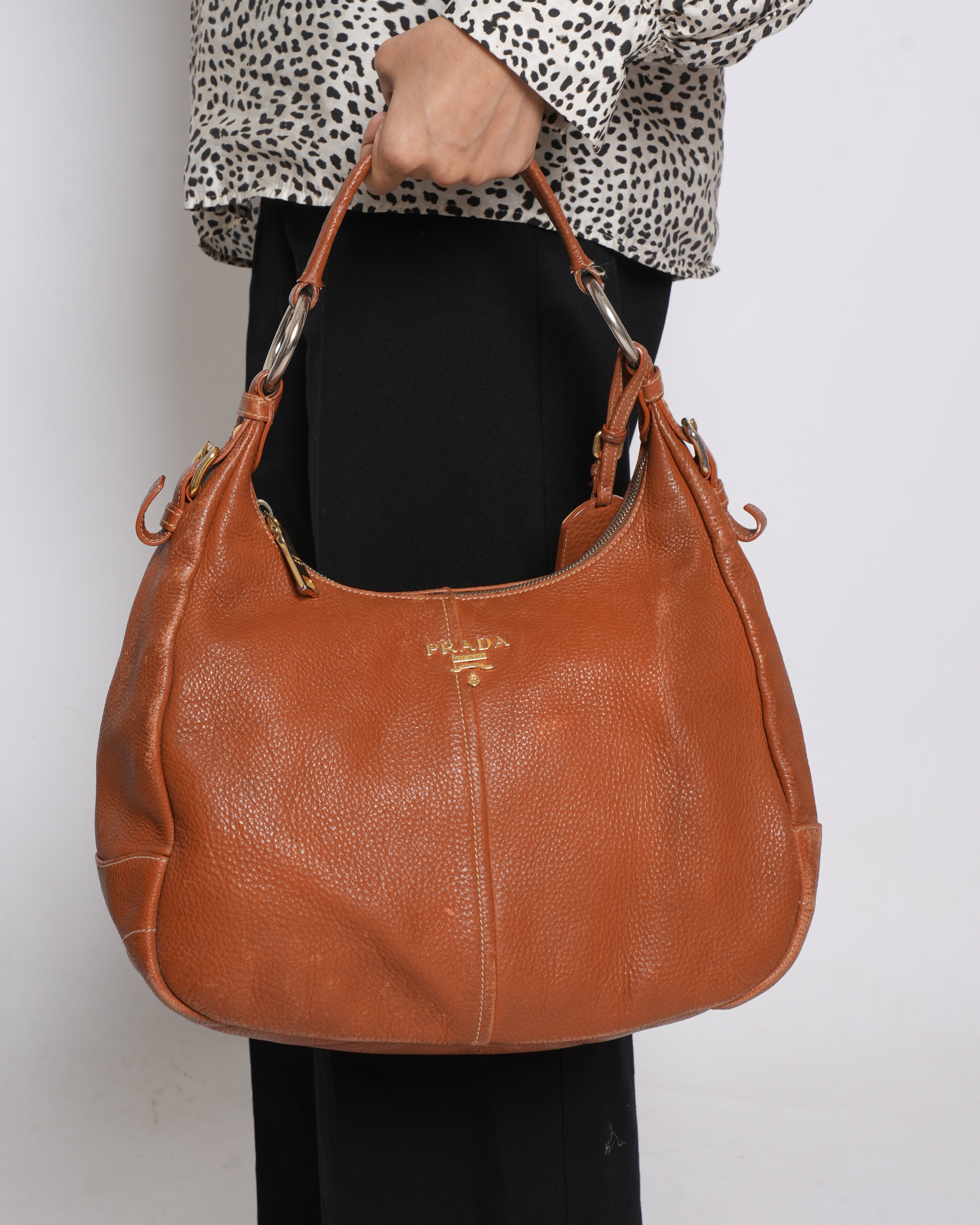 Vintage Prada Brown Vitello Daino Leather Hobo Bag