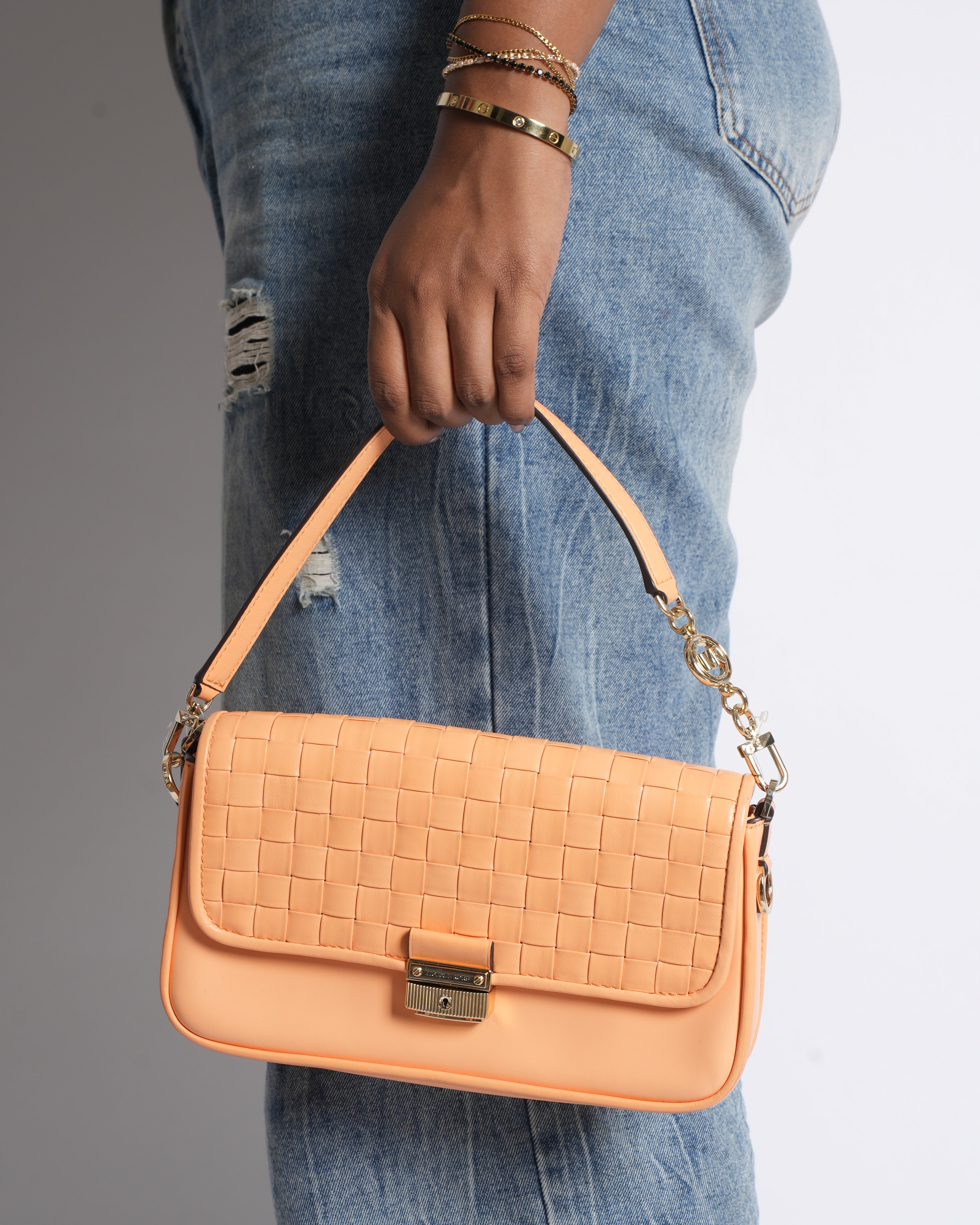New MK Woven Flap Shoulder Bag In Orange