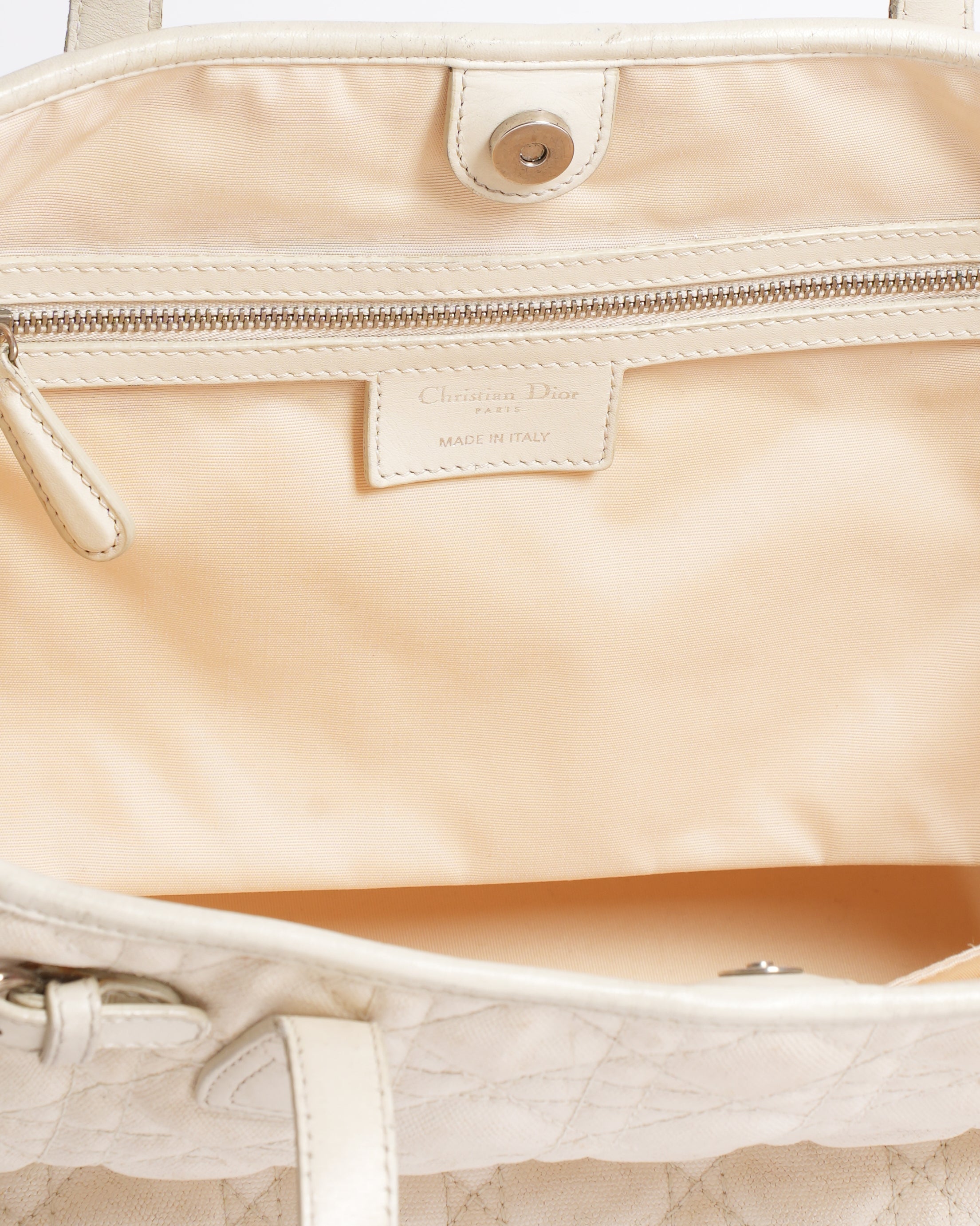 Christian Dior Cannage Shoulder Bag In White Canvas