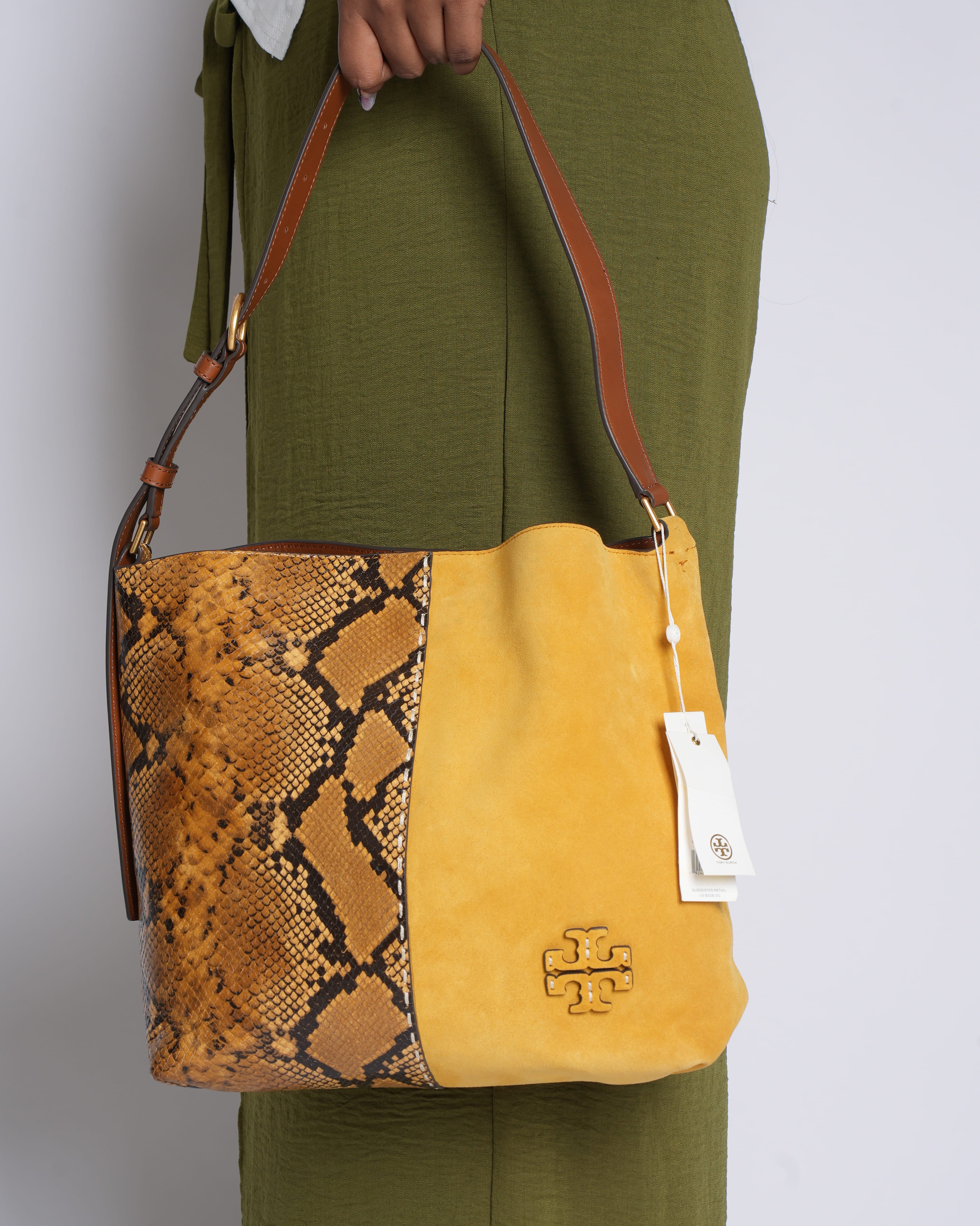 New Tory Burch McGraw Snake-Embossed Leather & Suede Hobo Bag