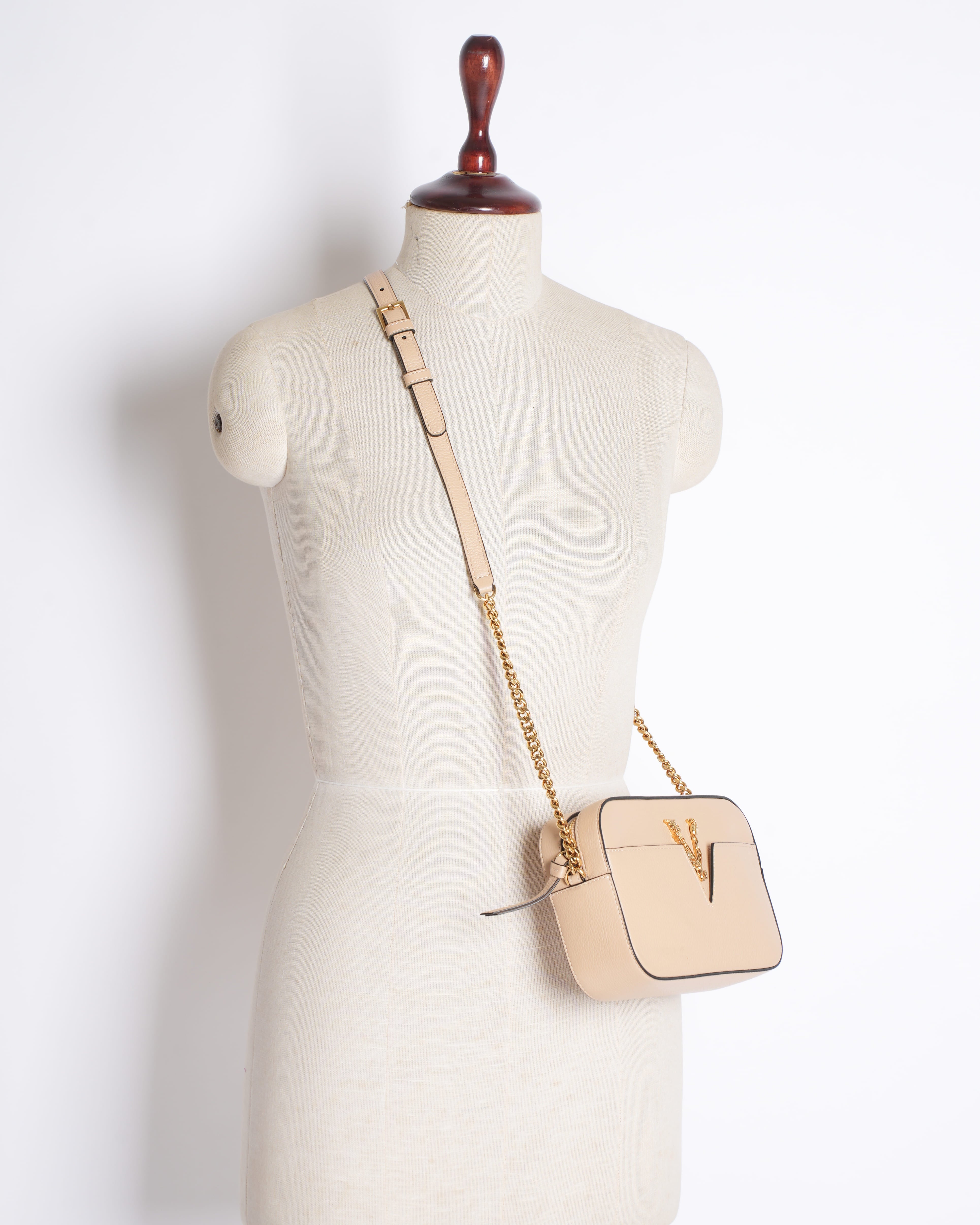 Versace Virtus Small Beige Grainy Calf Leather Camera Crossbody Bag