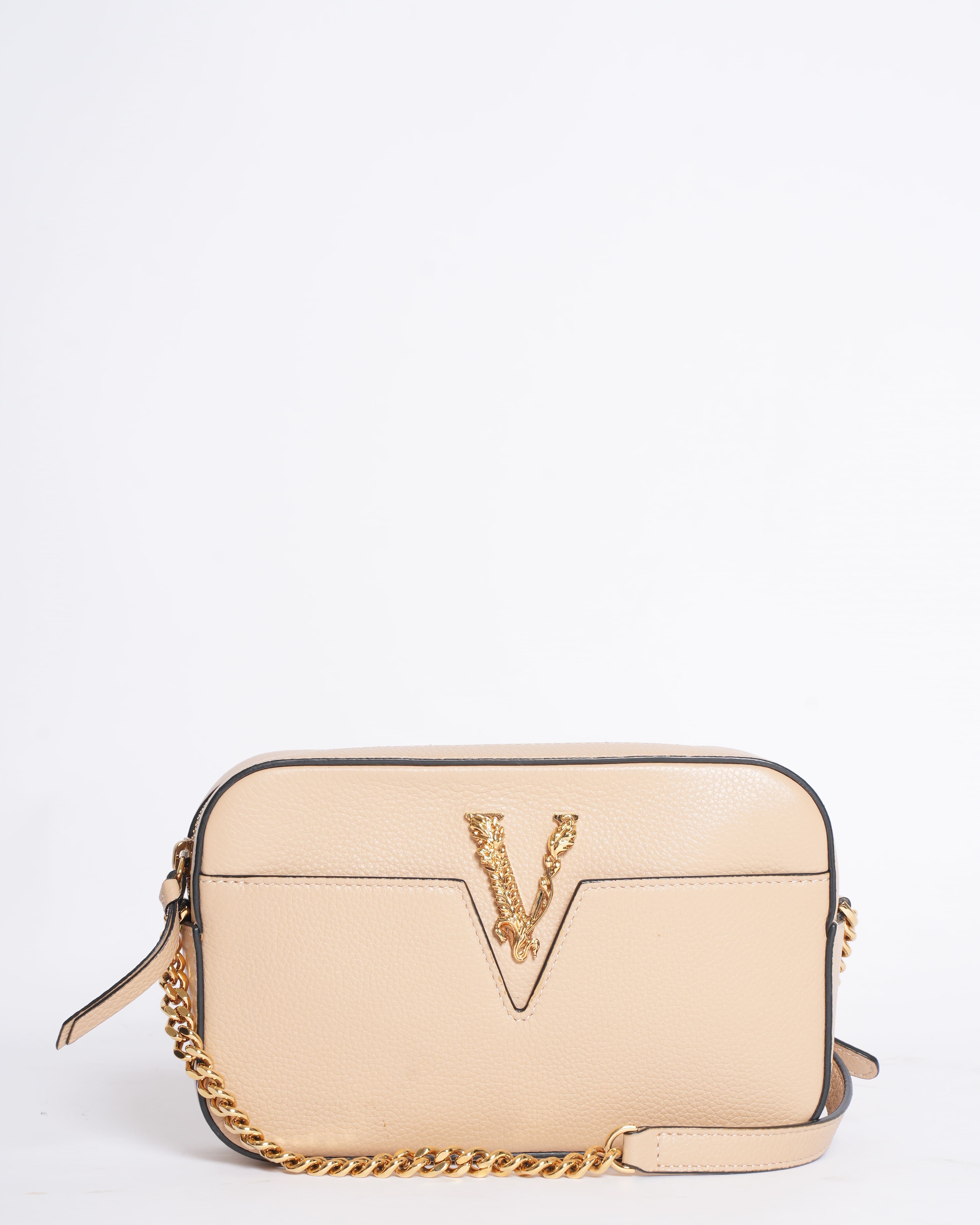Versace Virtus Small Beige Grainy Calf Leather Camera Crossbody Bag