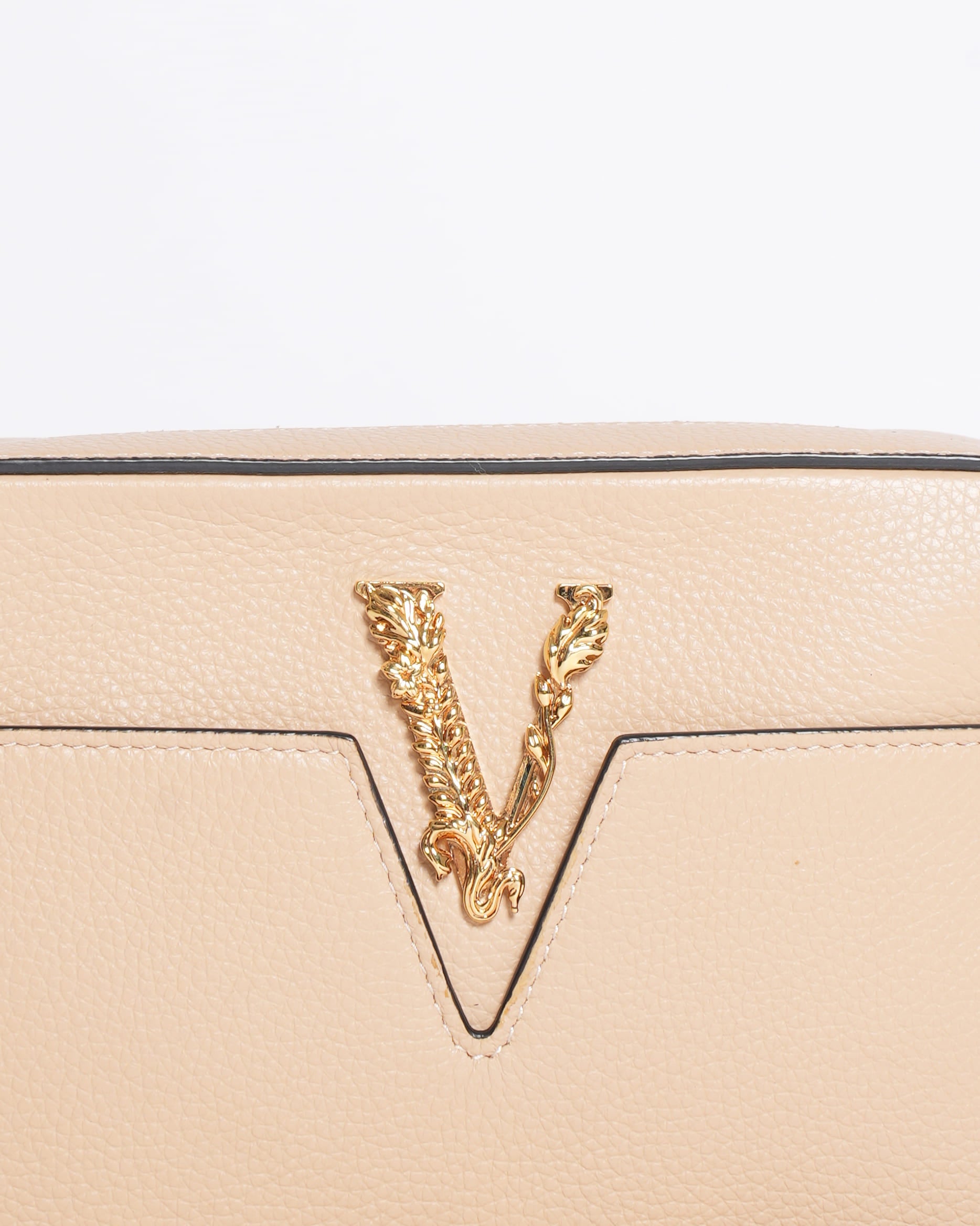Versace Virtus Small Beige Grainy Calf Leather Camera Crossbody Bag
