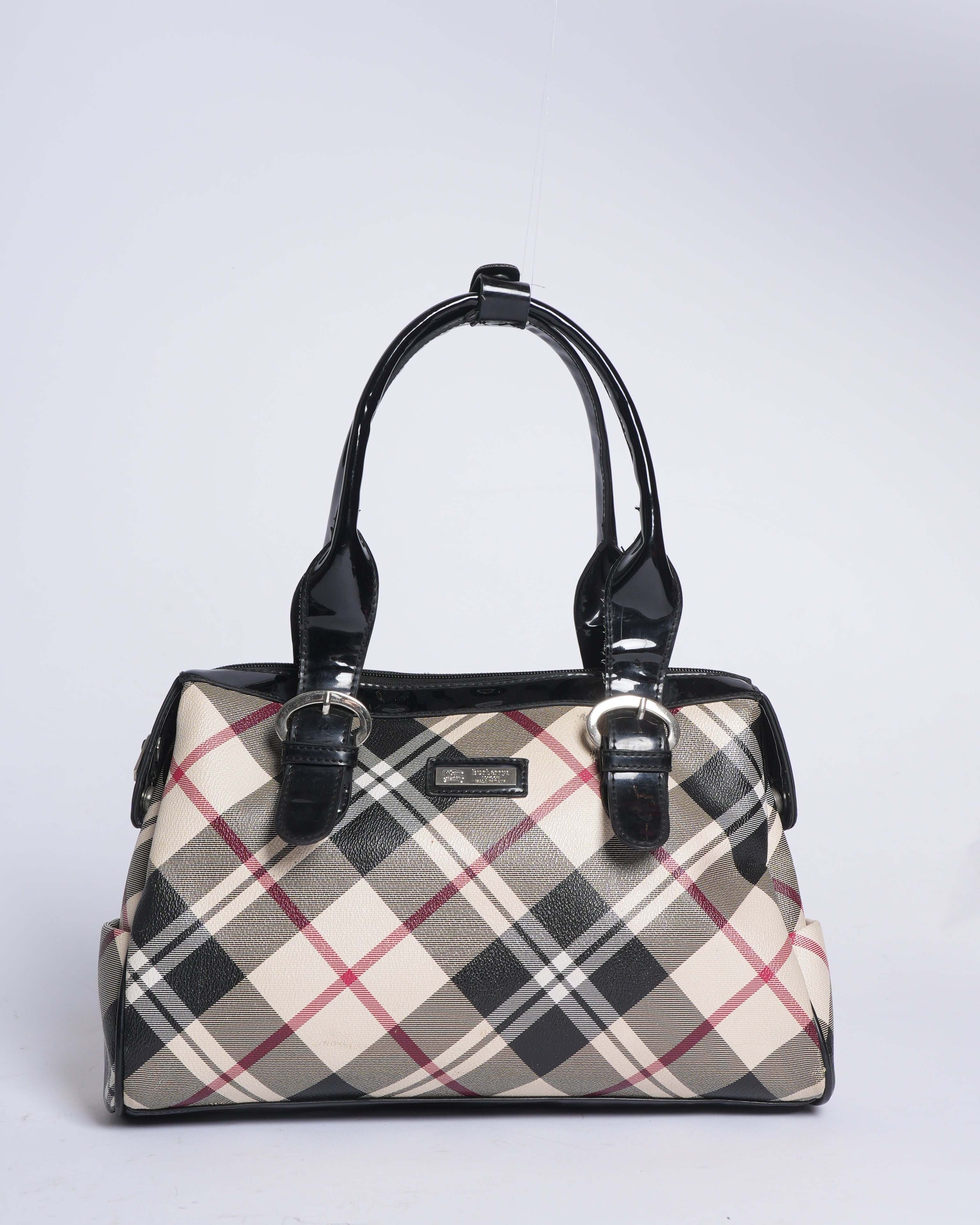 Burberry Nova Checks PU & Patent Leather Boston Bag