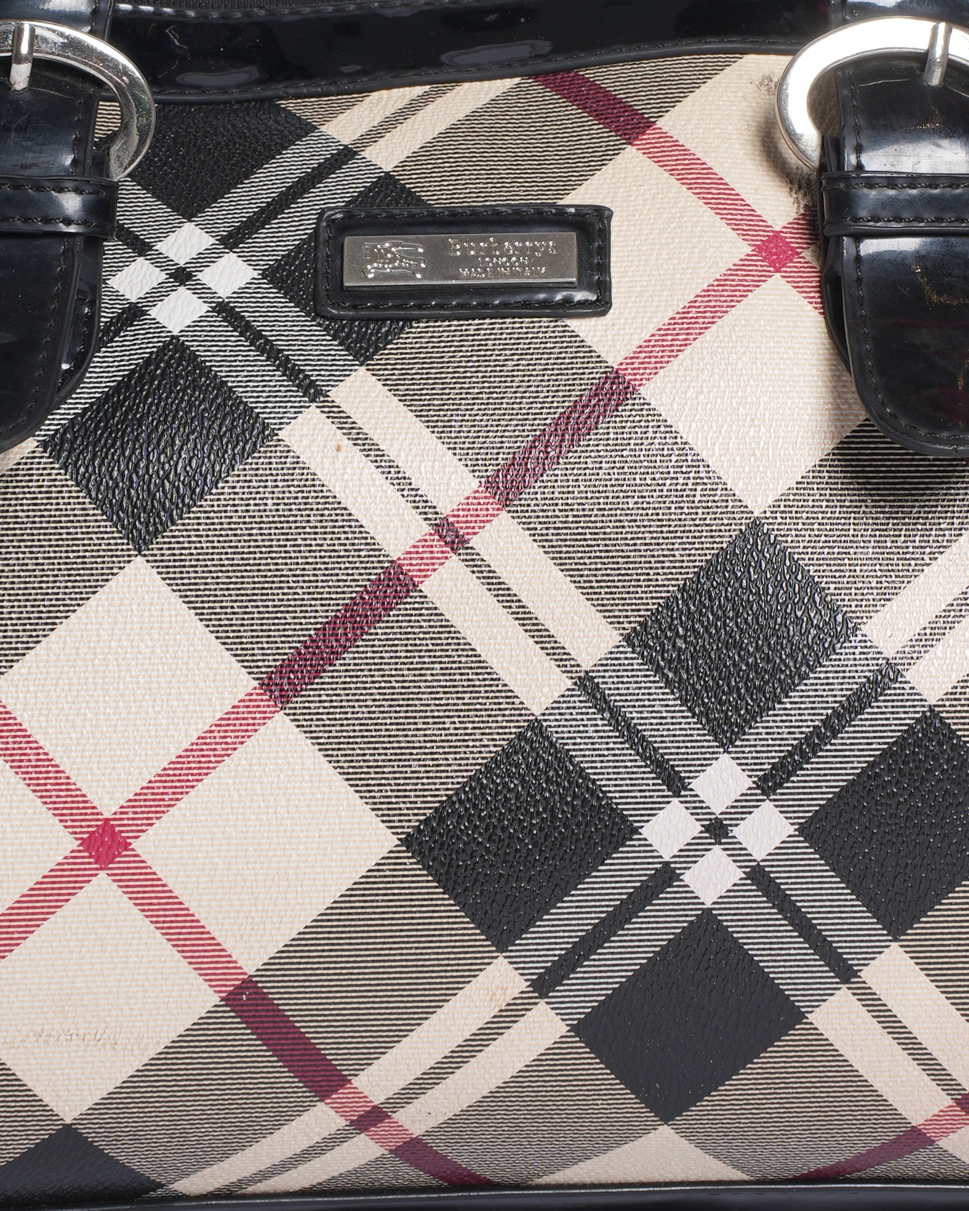 Burberry Nova Checks PU & Patent Leather Boston Bag