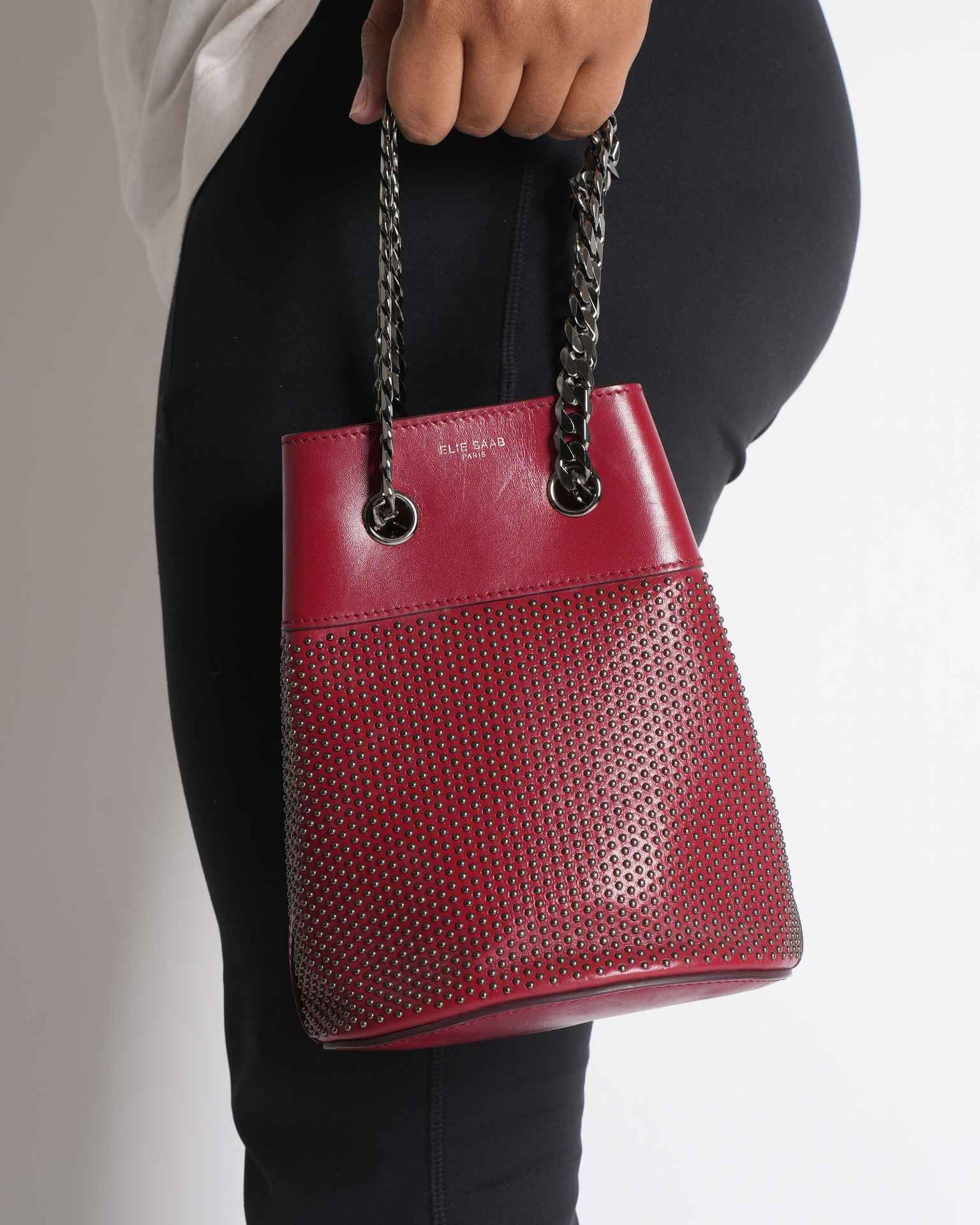 Elie Saab Leather Studded Bucket Bag in Red