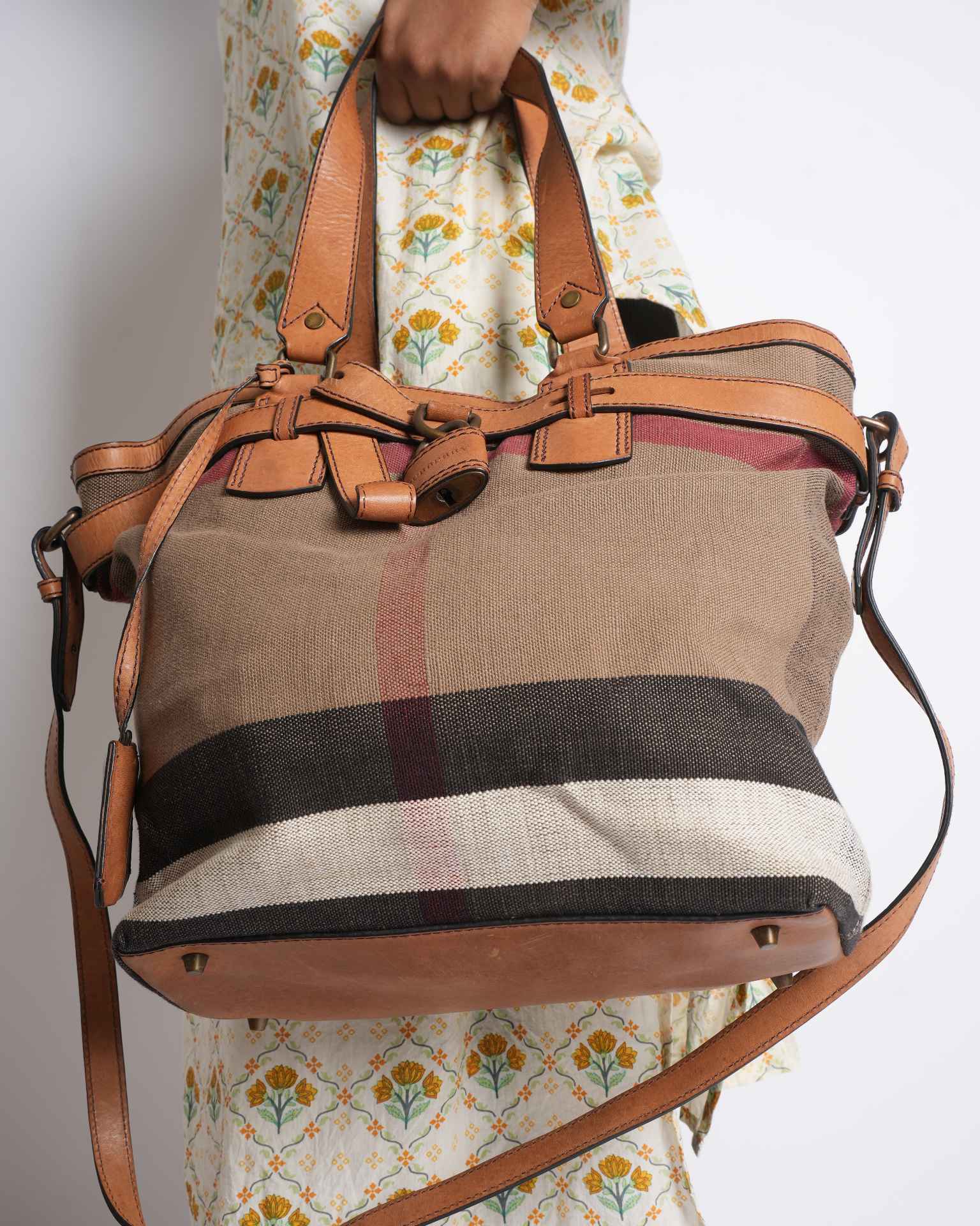 Burberry Tan Canvas & Leather Meha Check Maidstone Tote