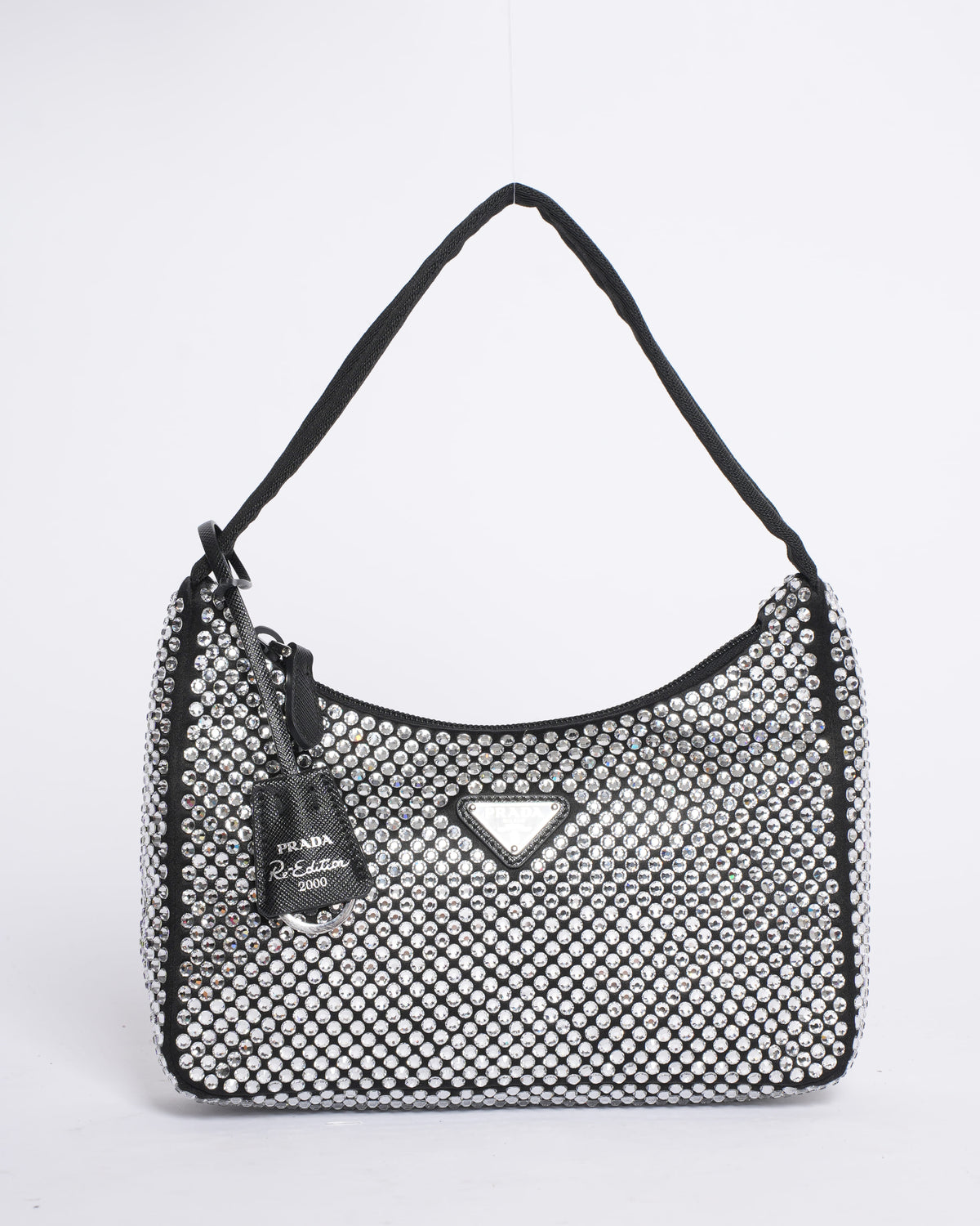 Prada Re-Edition 2000 Satin Mini Bag with Crystals in Black