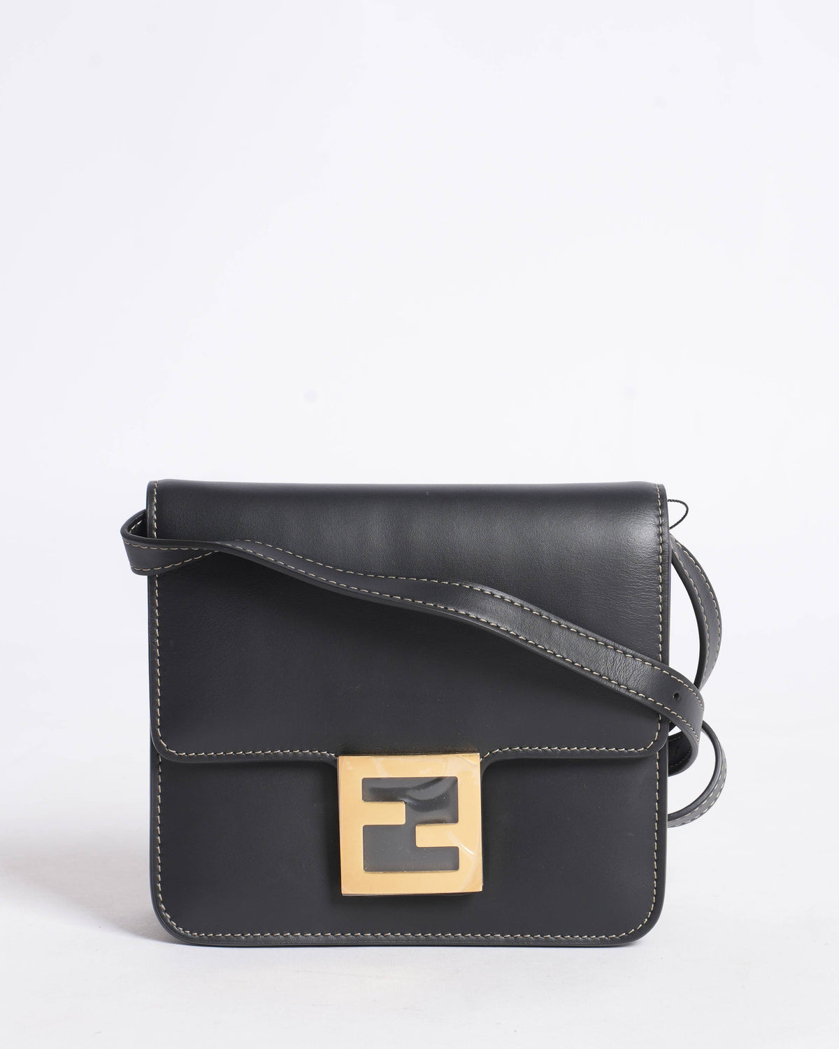 Fendi Fab Black Smooth Calfskin Crossbody Bag with Gold FF Logo 