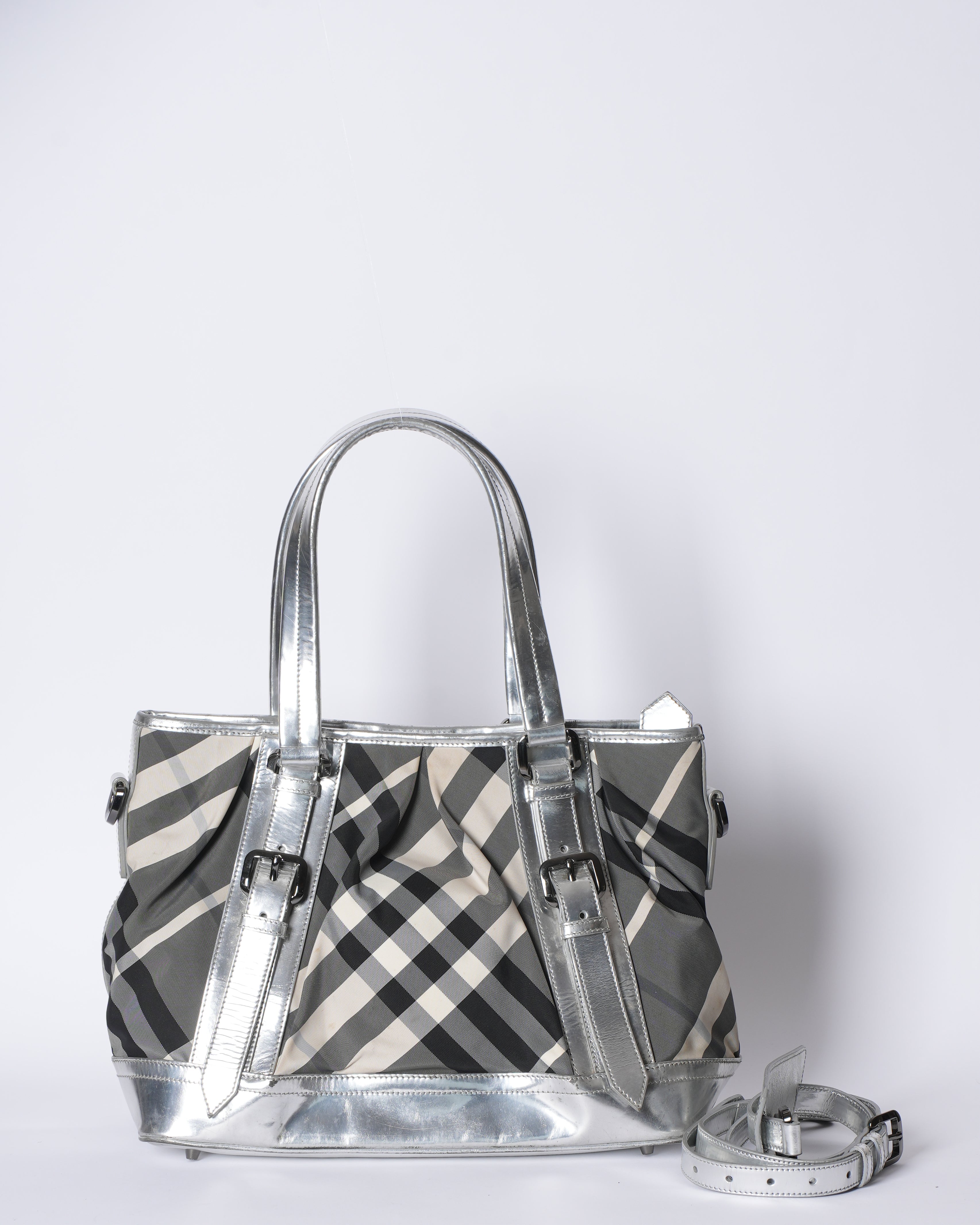 Burberry Silver Checkered Nylon Patent Leather Lowry Top Handle Bag