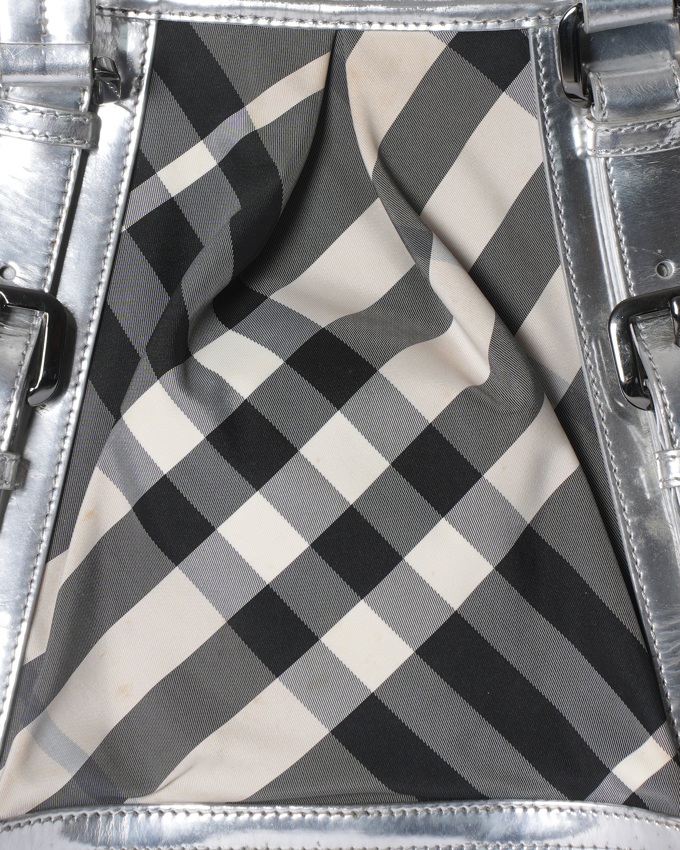 Burberry Silver Checkered Nylon Patent Leather Lowry Top Handle Bag