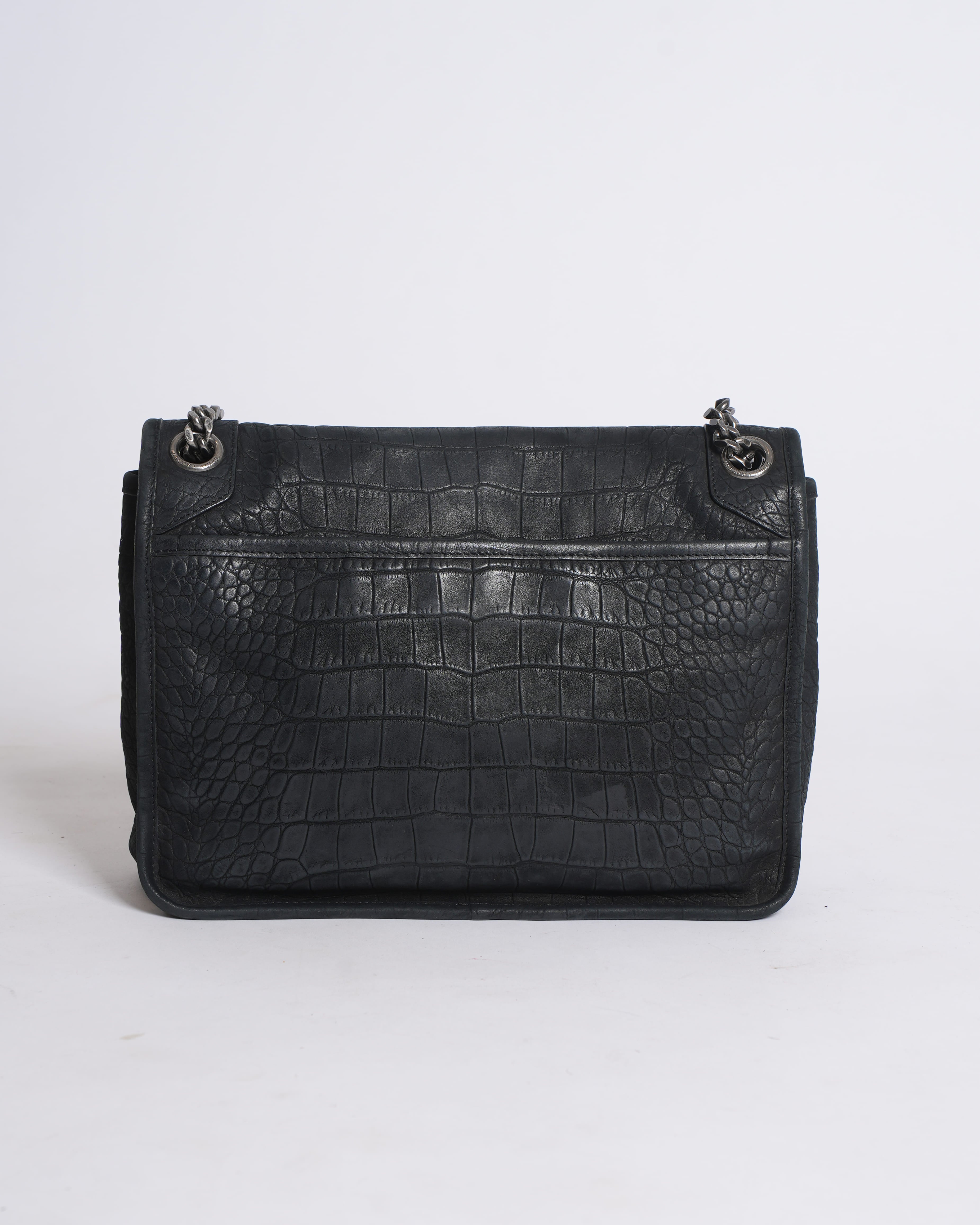 Saint Laurent Niki Medium Shoulder Bag in Embossed Croc Black