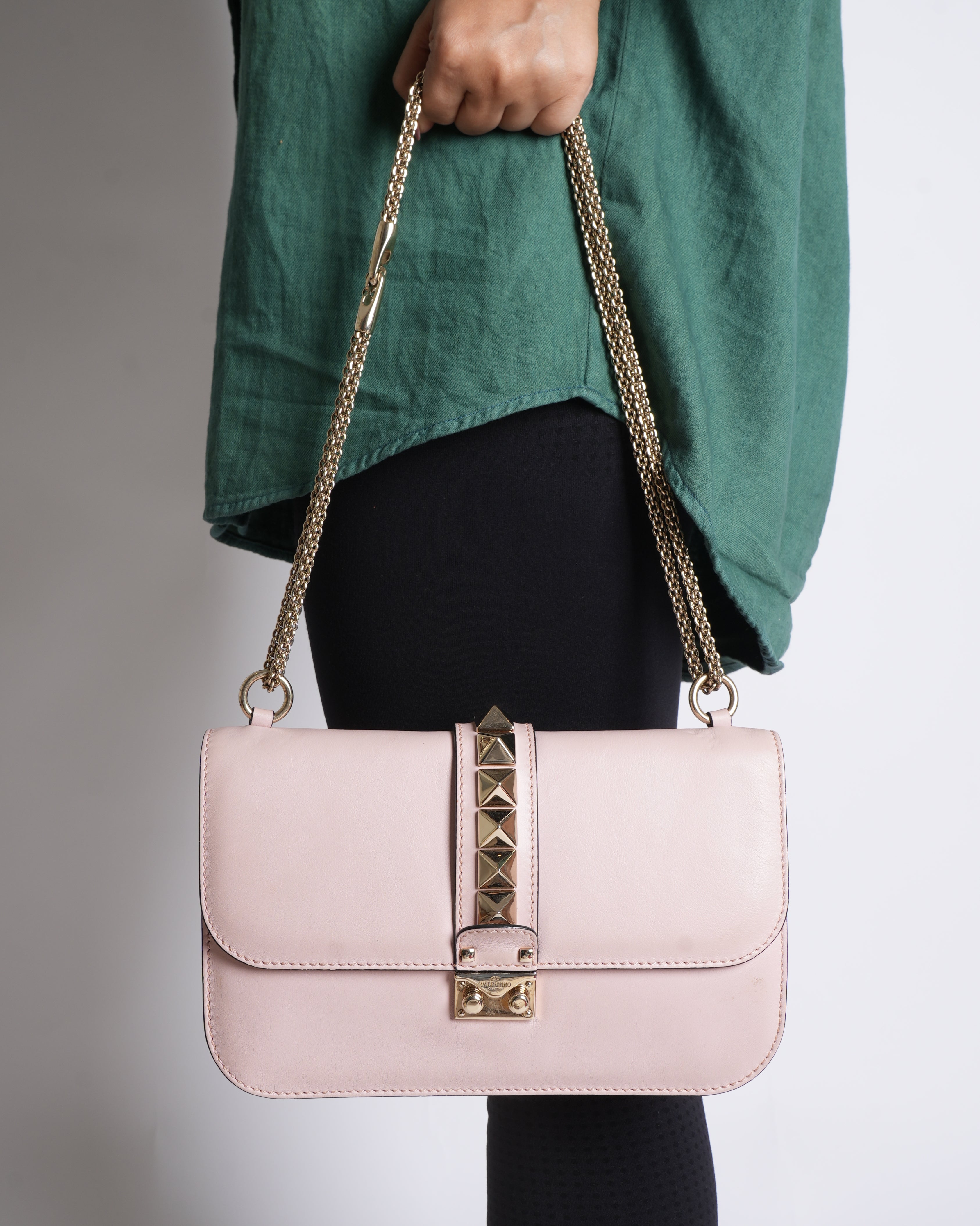 Valentino dusty pink Leather Medium Rockstud Glam Lock Flap Shoulder Bag