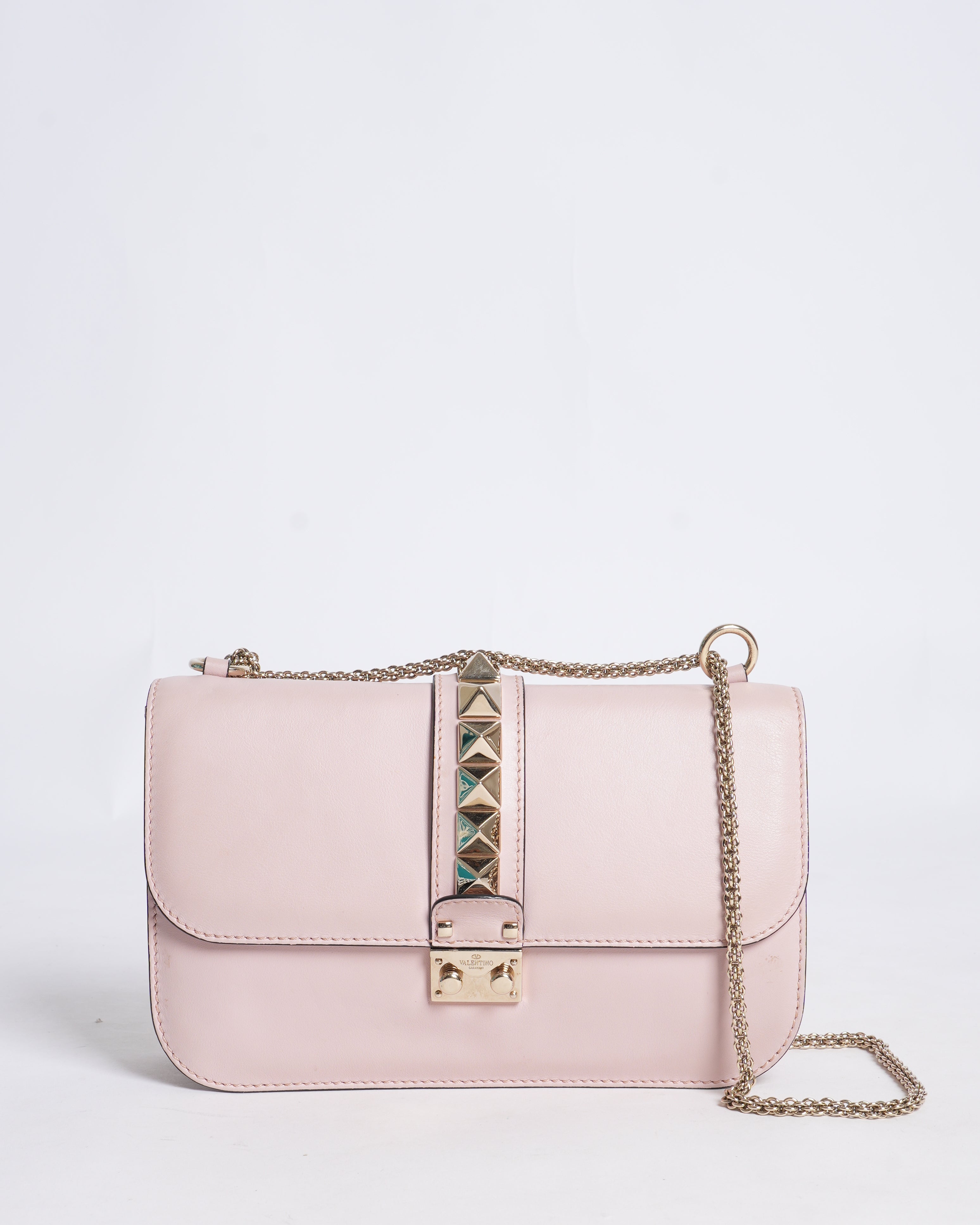 Valentino dusty pink Leather Medium Rockstud Glam Lock Flap Shoulder Bag