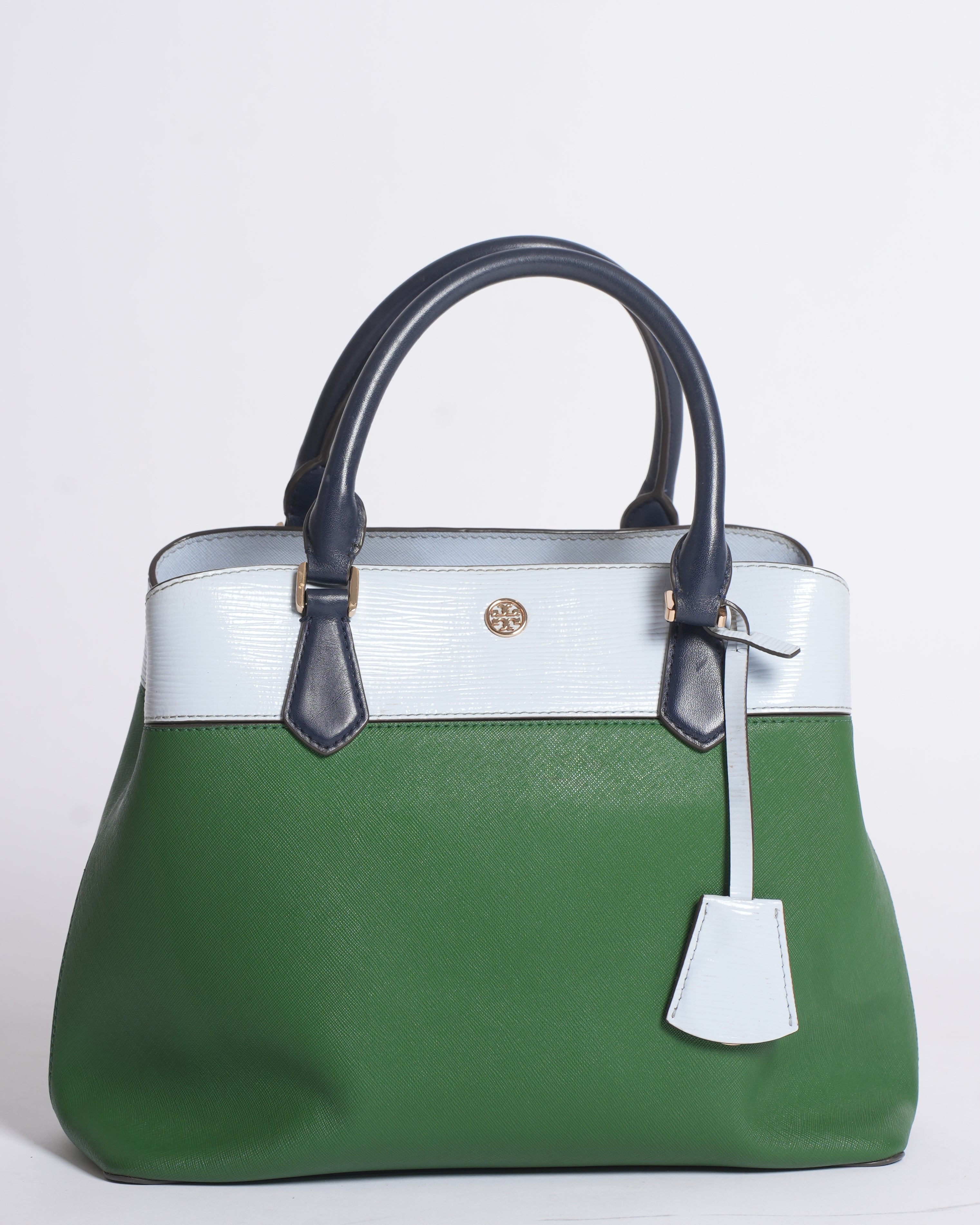 Tory burch robinson triple tote in green & white colorblock